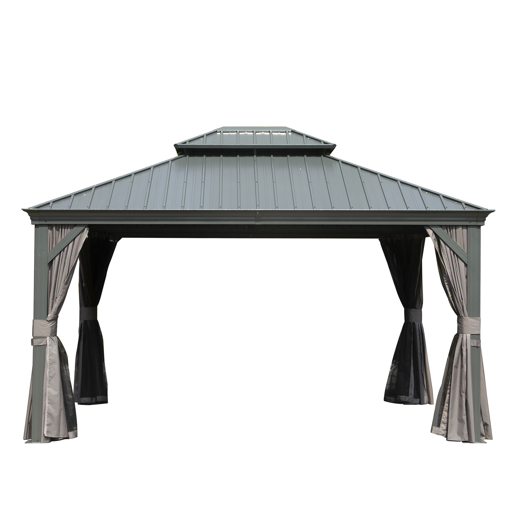 Gazebo 10x12 po, toiture double acier galvanisé, gris, rideau