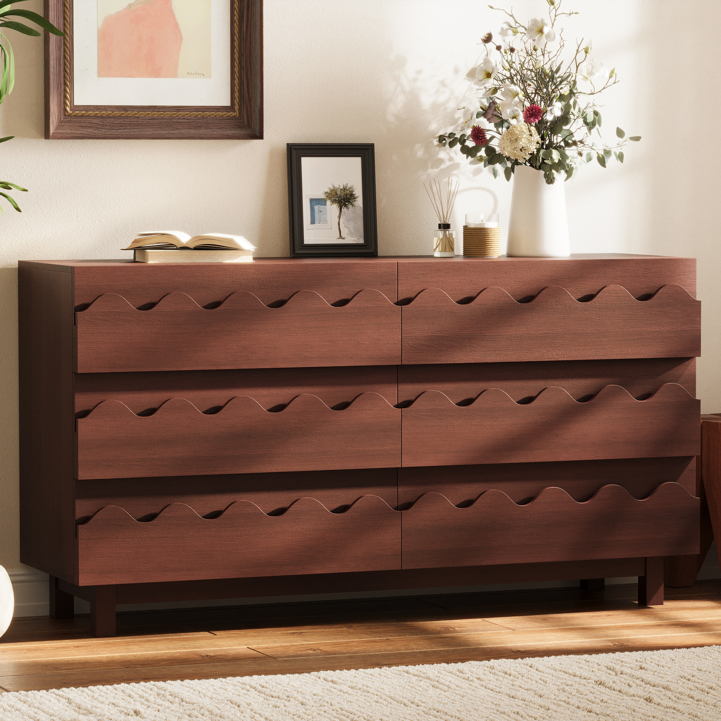 Commode 60 po 6 tiroirs design vague bois noyer