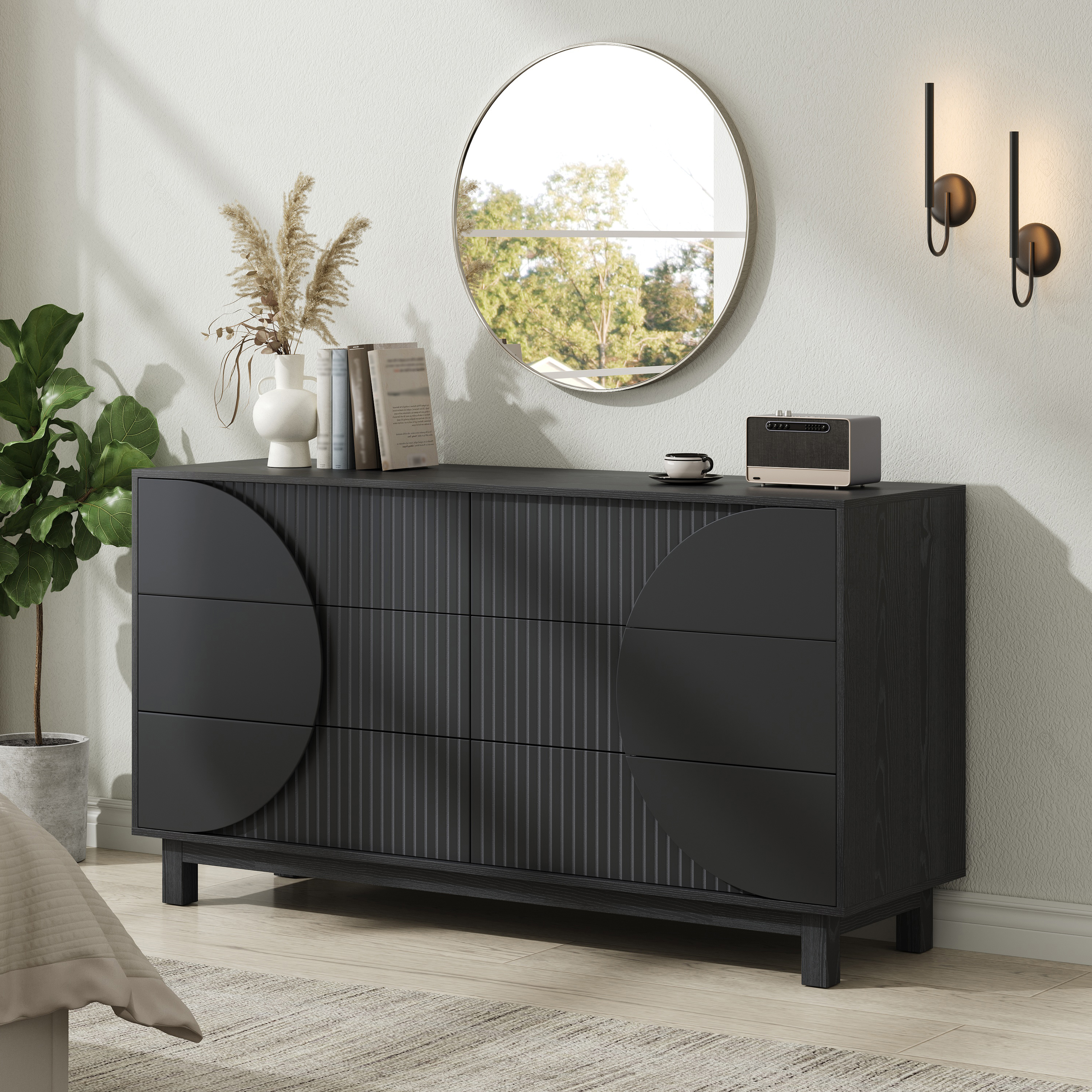 Commode 6 tiroirs cannelée 60po, noir charbon