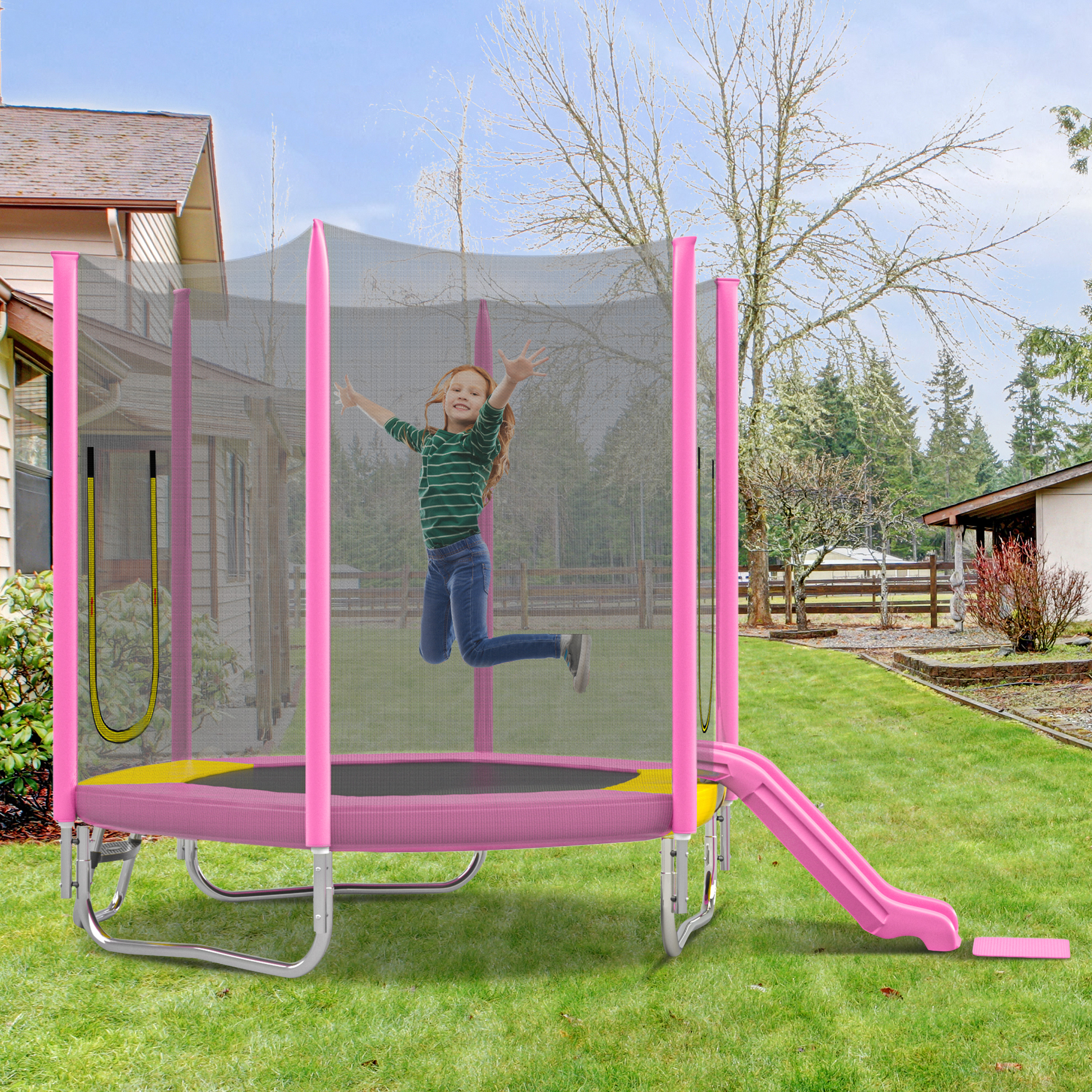 Trampoline 7pi enfants filet sécurité toboggan échelle, hexagone rose