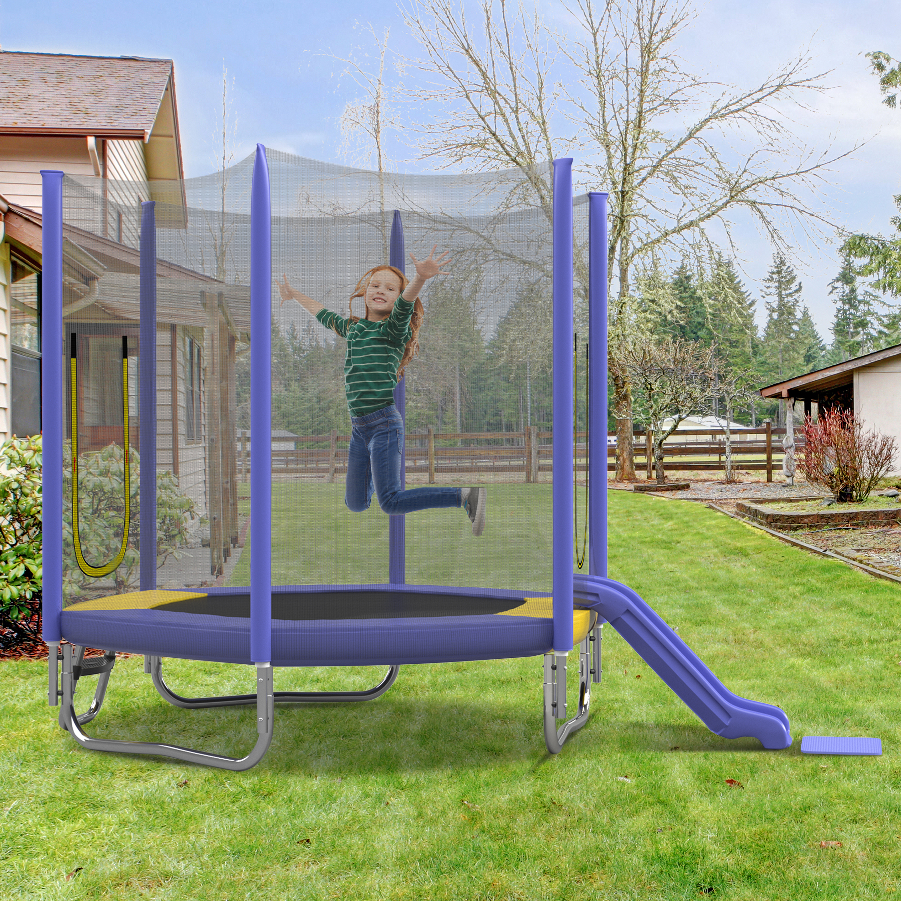 Trampoline 7 pi enfants, filet sécurité, toboggan, hexagone violet