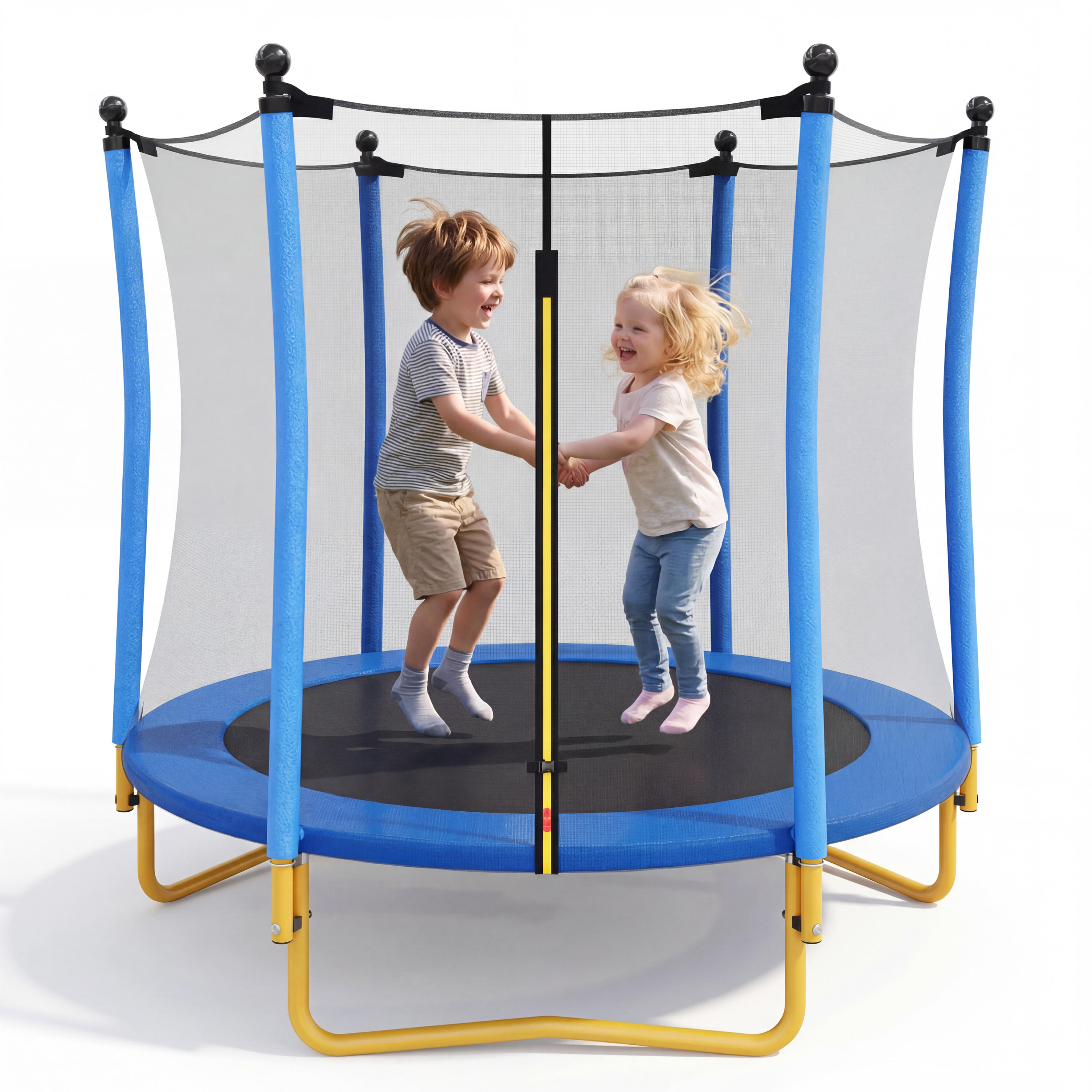 Trampoline enfants 5,5pi, filet sécurité, bleu, intérieur/extérieur