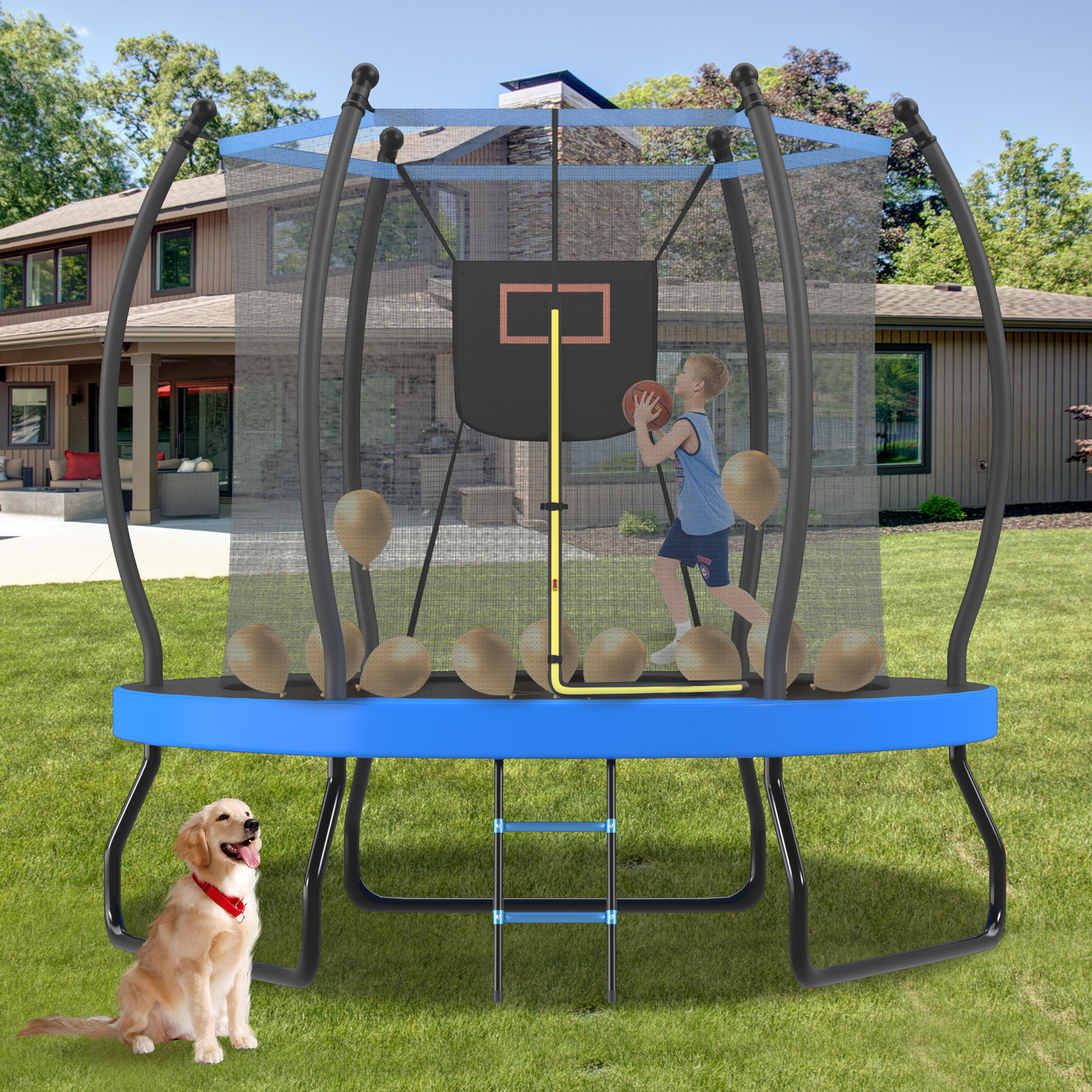 Trampoline 8pi avec panier de basketball, filet et échelle