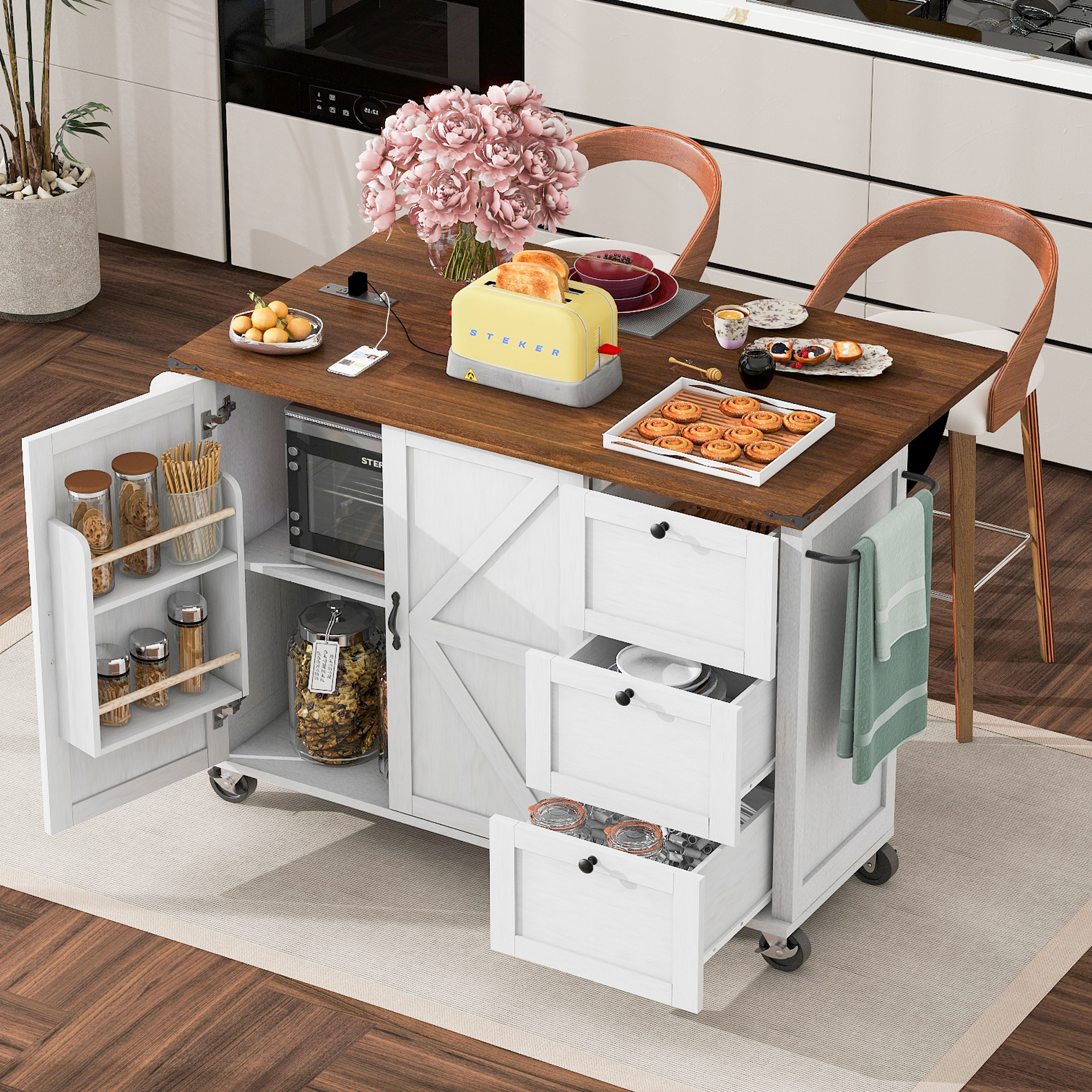 Îlot cuisine fermette 54,5 po blanc, prise électrique
