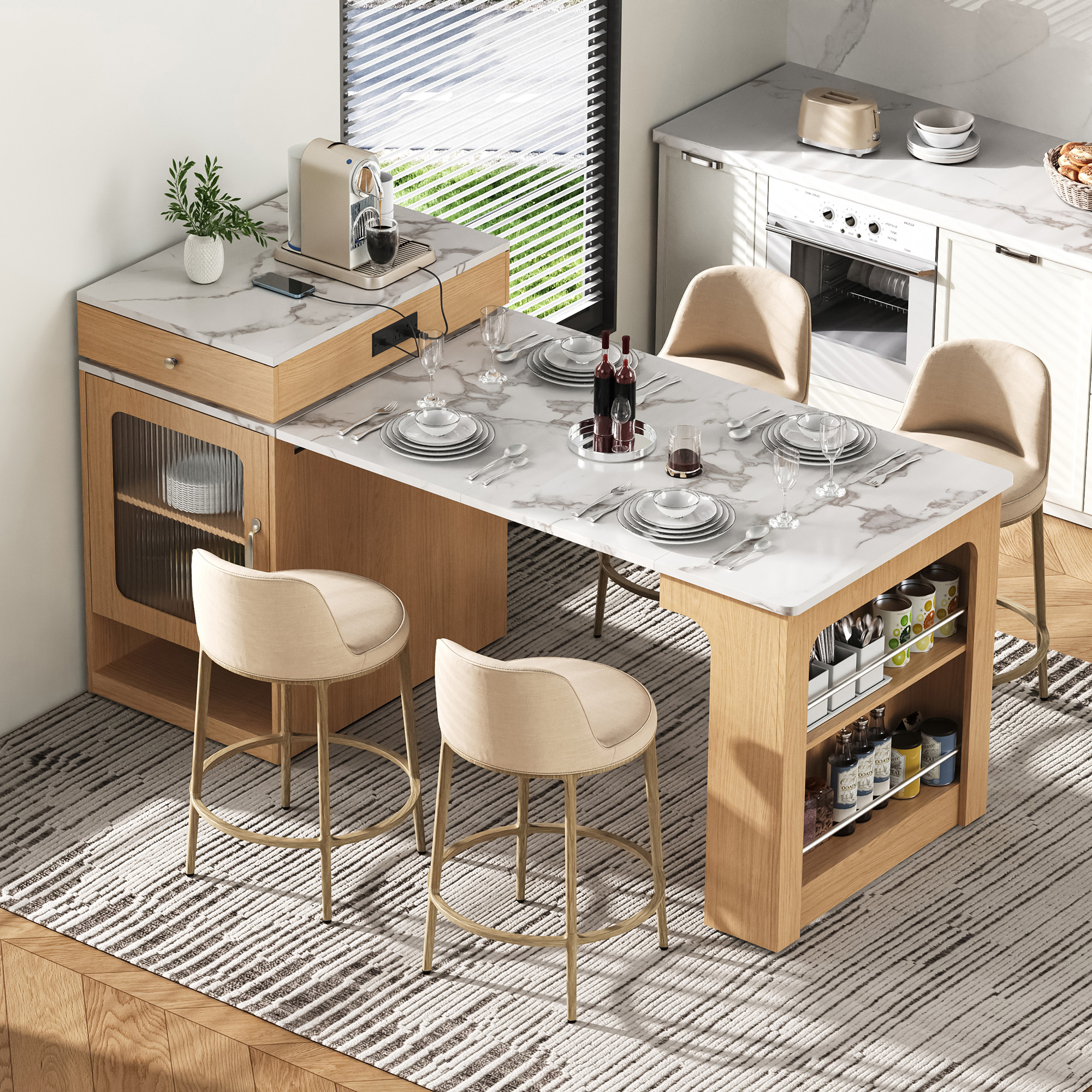 Îlot cuisine 59.5po table extensible, rangement tiroirs prises
