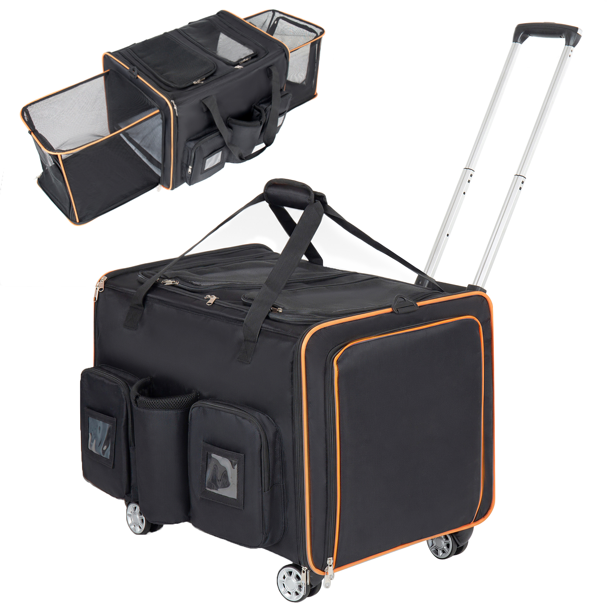 Caisse transport chat 2 chats roulante extensible noir