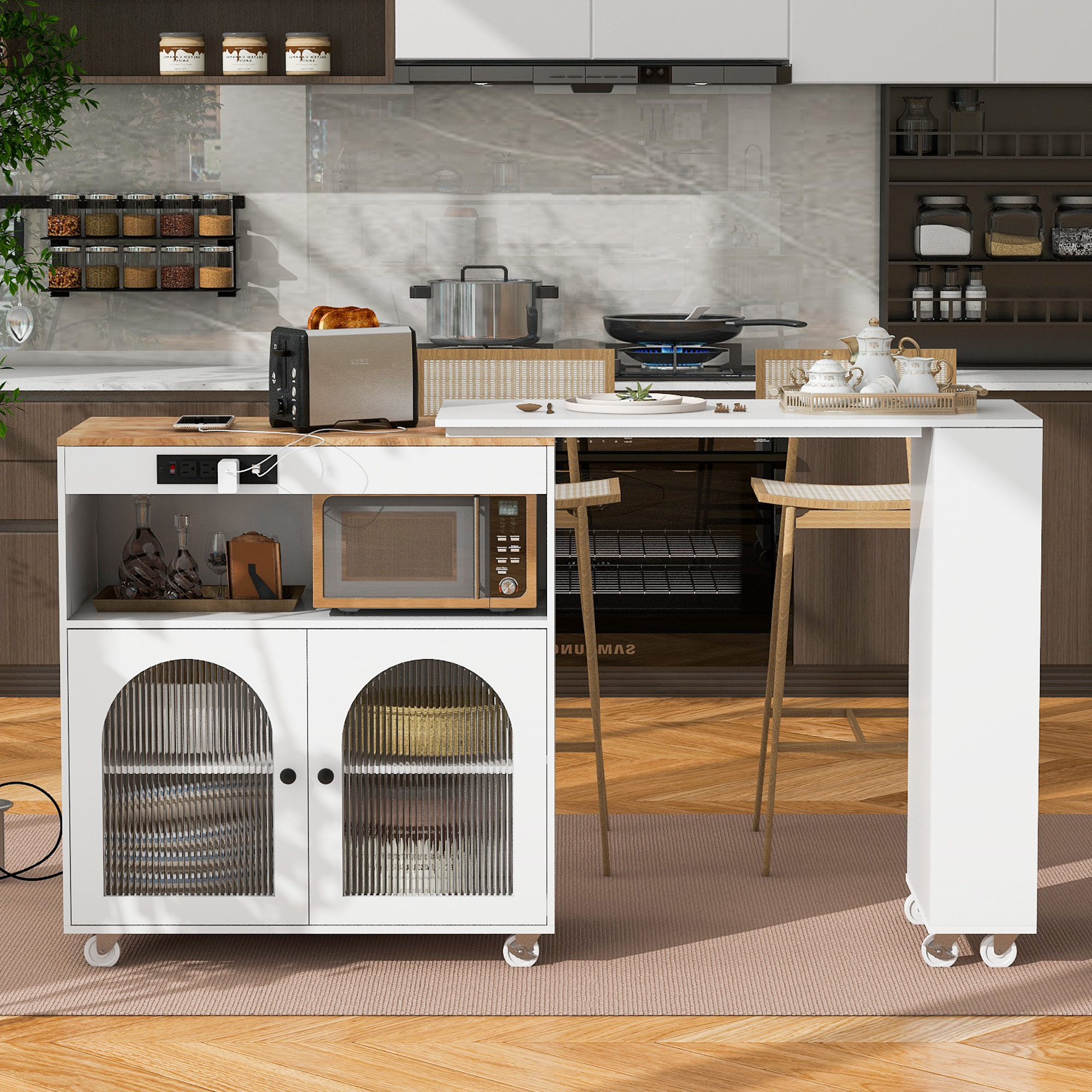 K&K Îlot cuisine roulant LED, portes verre, blanc