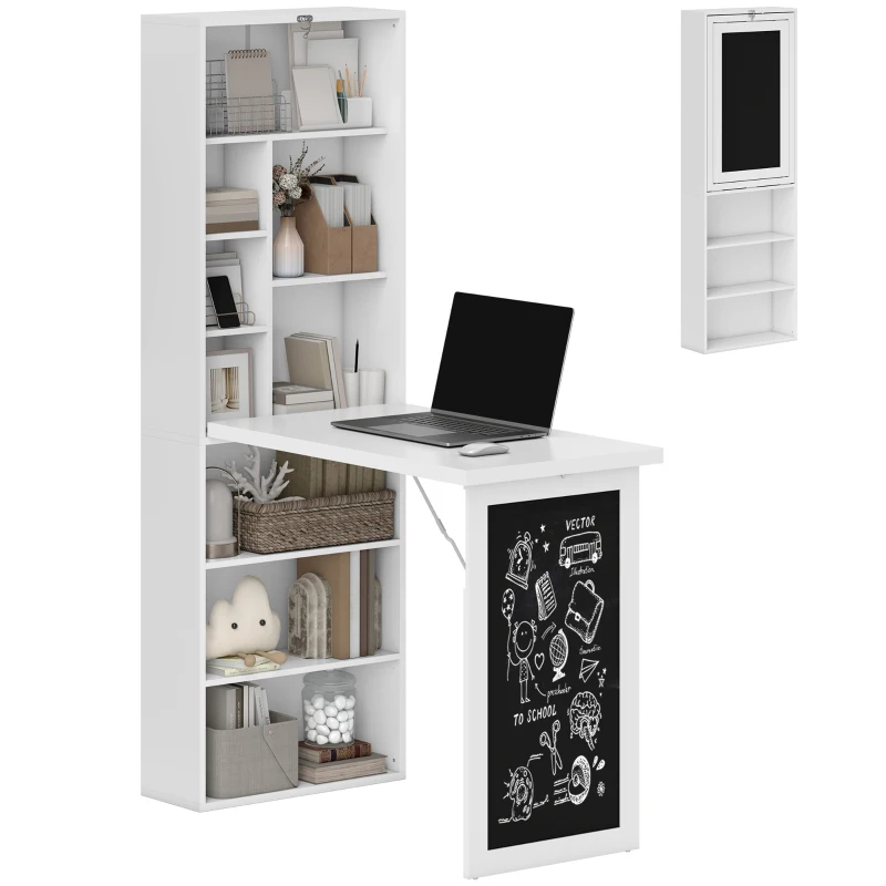 Bureau convertible pliable mural avec tableau noir et tablette, blanc