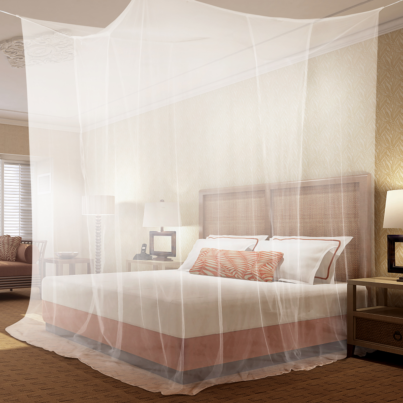 Baldaquin lit 4 portes polyester filet blanc reine roi 190x210x240