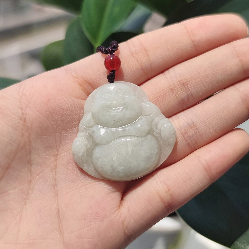 Collier pendentif Bouddha rieur jade grade A main - Porte-bonheur