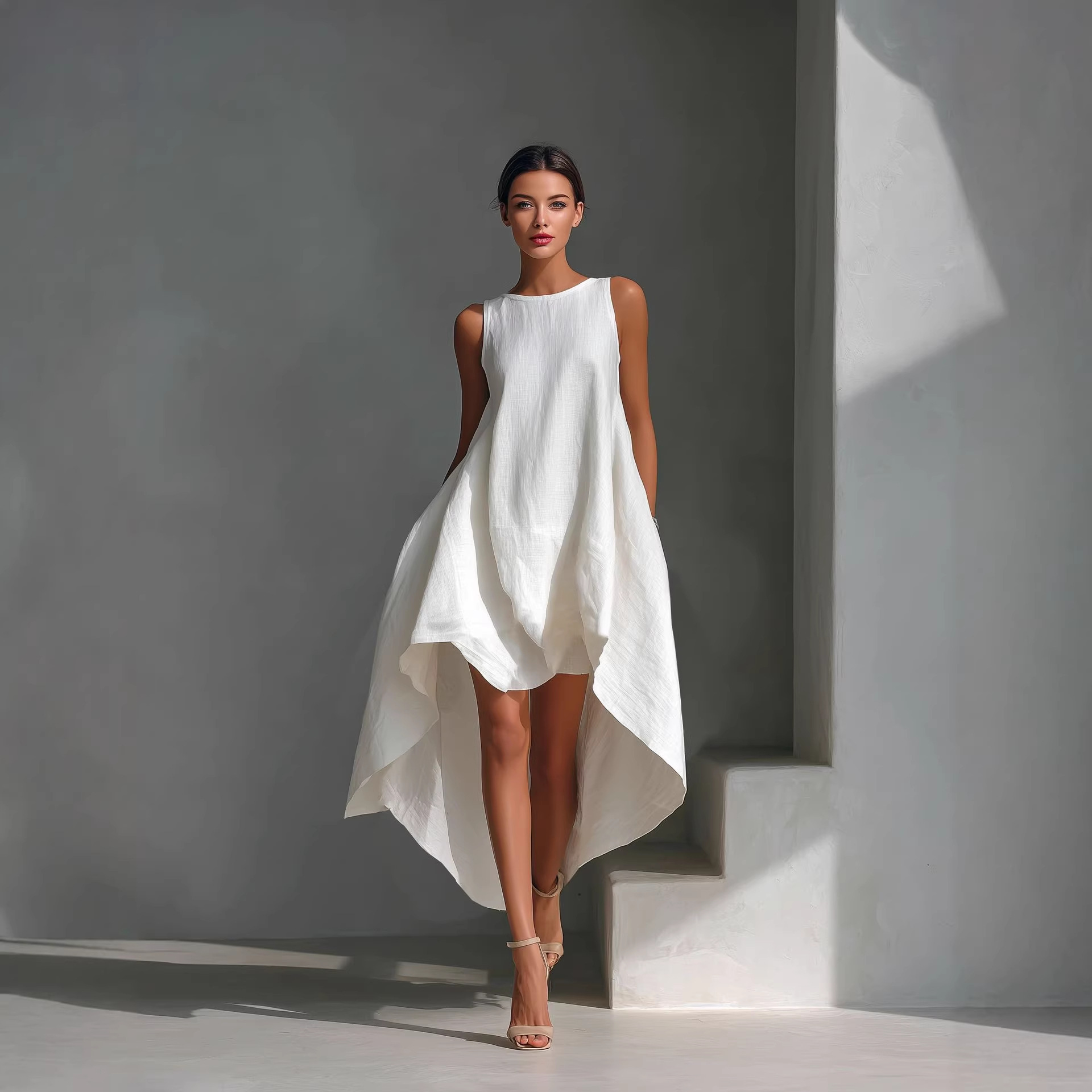 Robe sans manches femme asymétrique, tenue vacances printemps