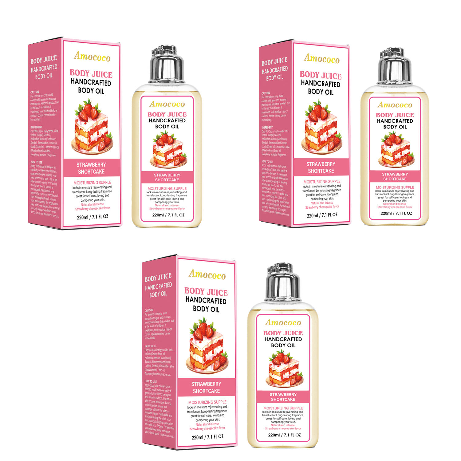 Huile corps fraise sucre Amococo 220ml hydratante parfum