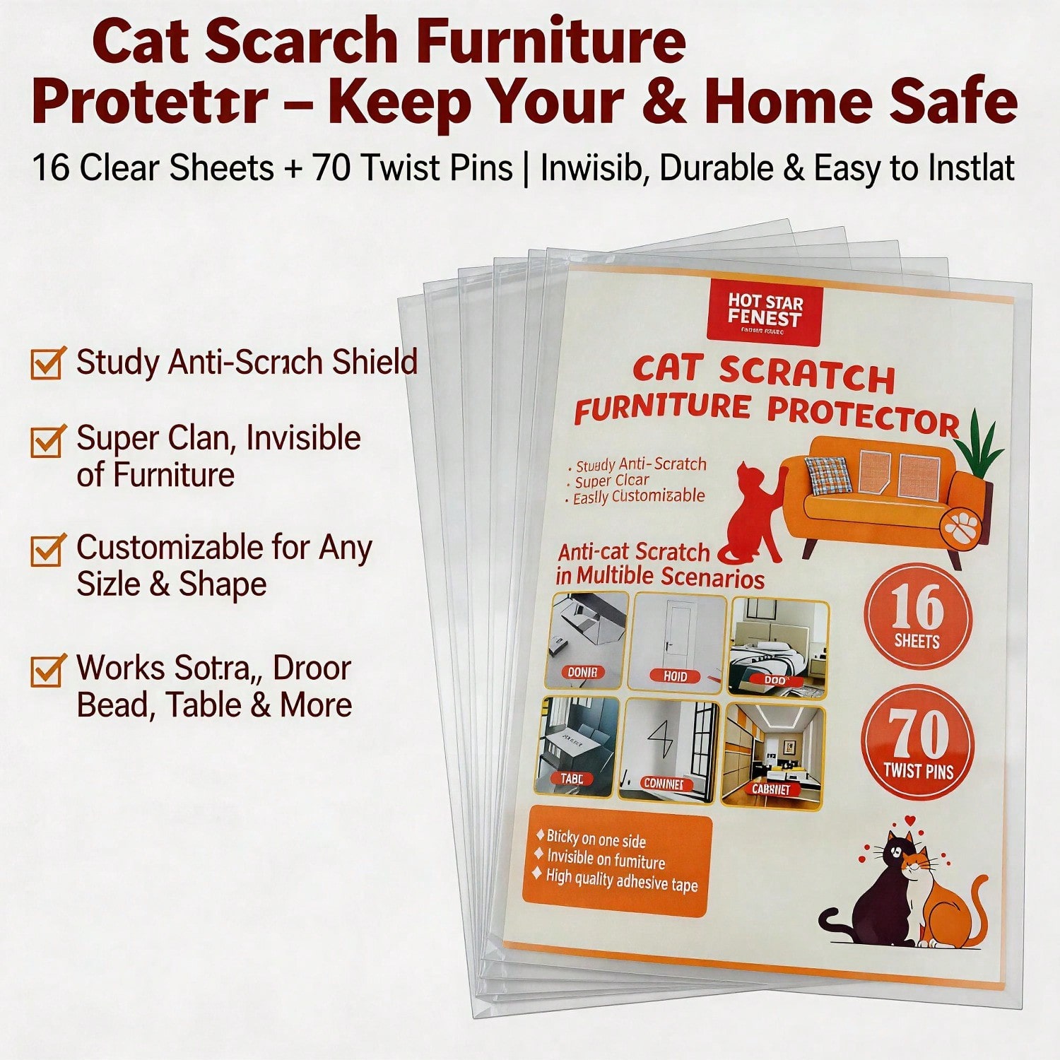 Protecteur meuble chat 16 feuilles adhésives transparentes
