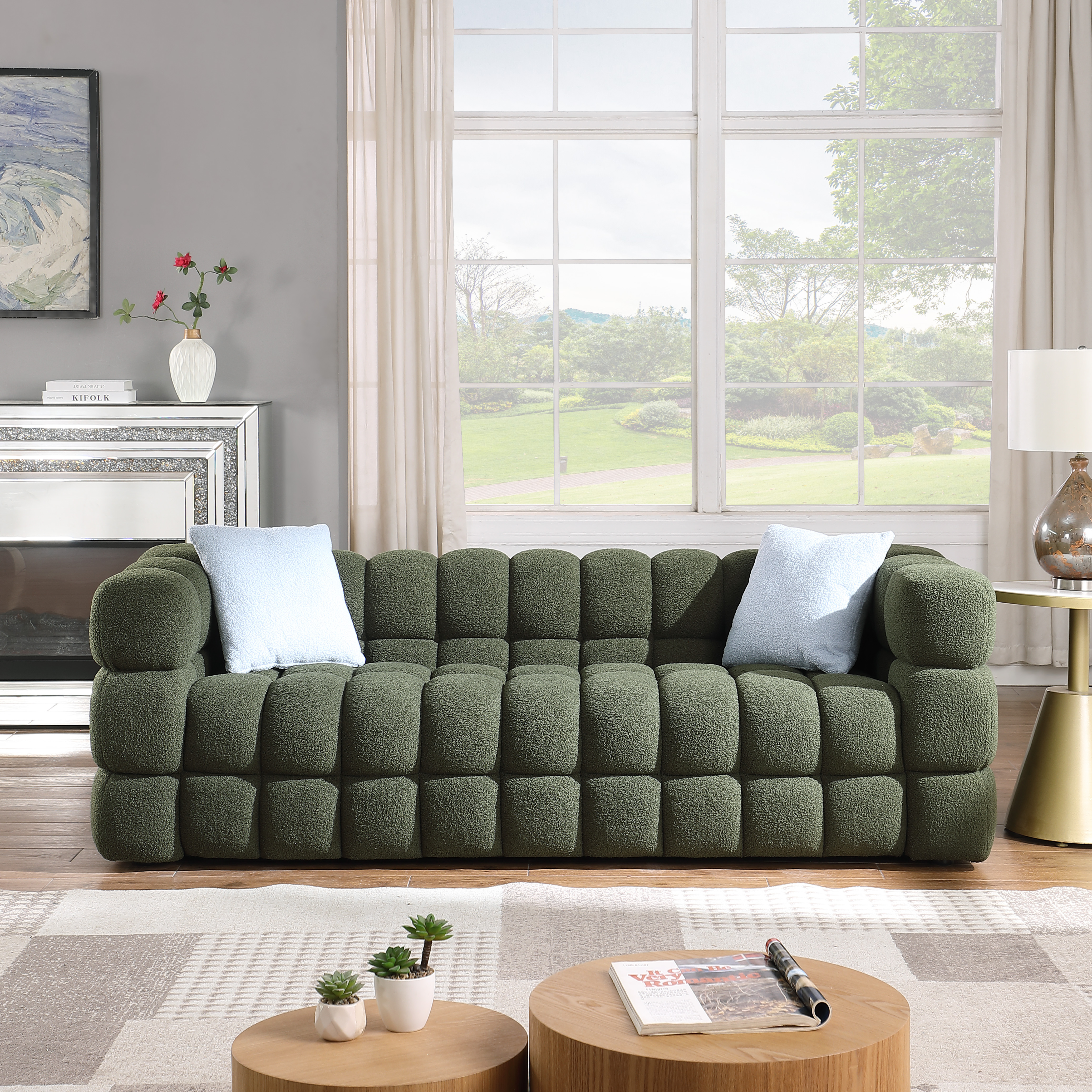 Canapé 3 places boucle 84,3" - Structure ergonomique, vert olive