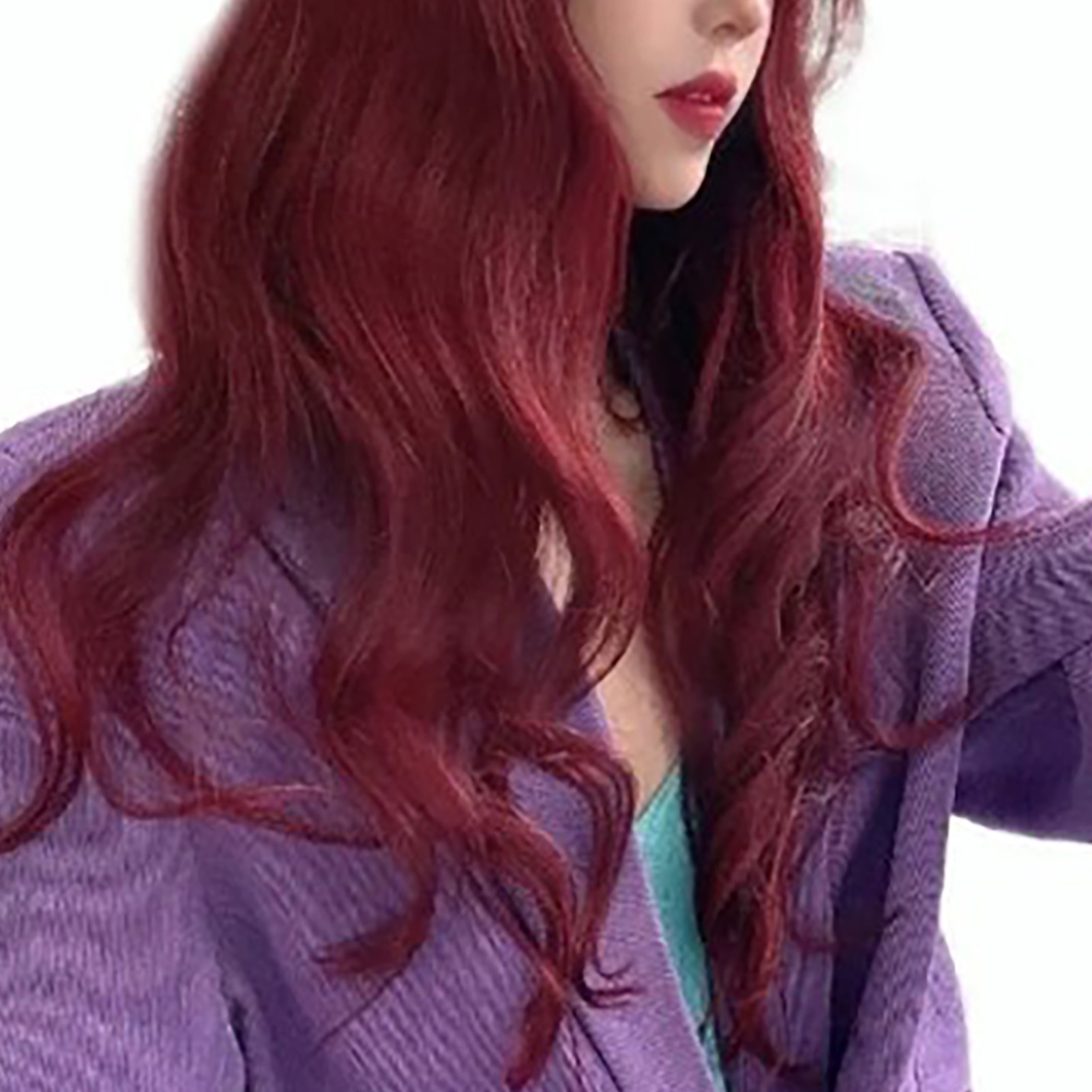 Perruque ondulée cosplay frange transparente vin rouge