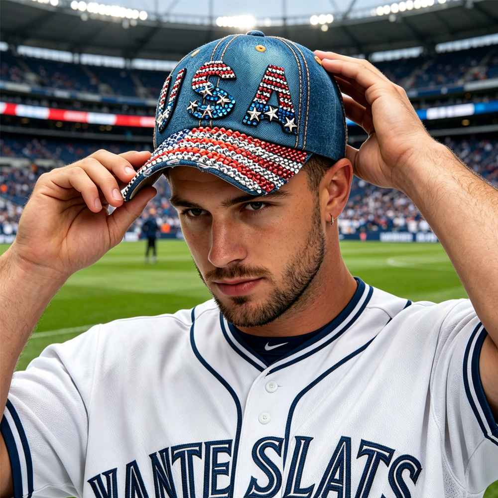 Casquette baseball Coupe du monde USA strass denim bleu