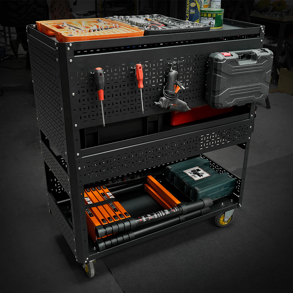Chariot utilitaire 3 étages pliable roues, pegboard acier rangement