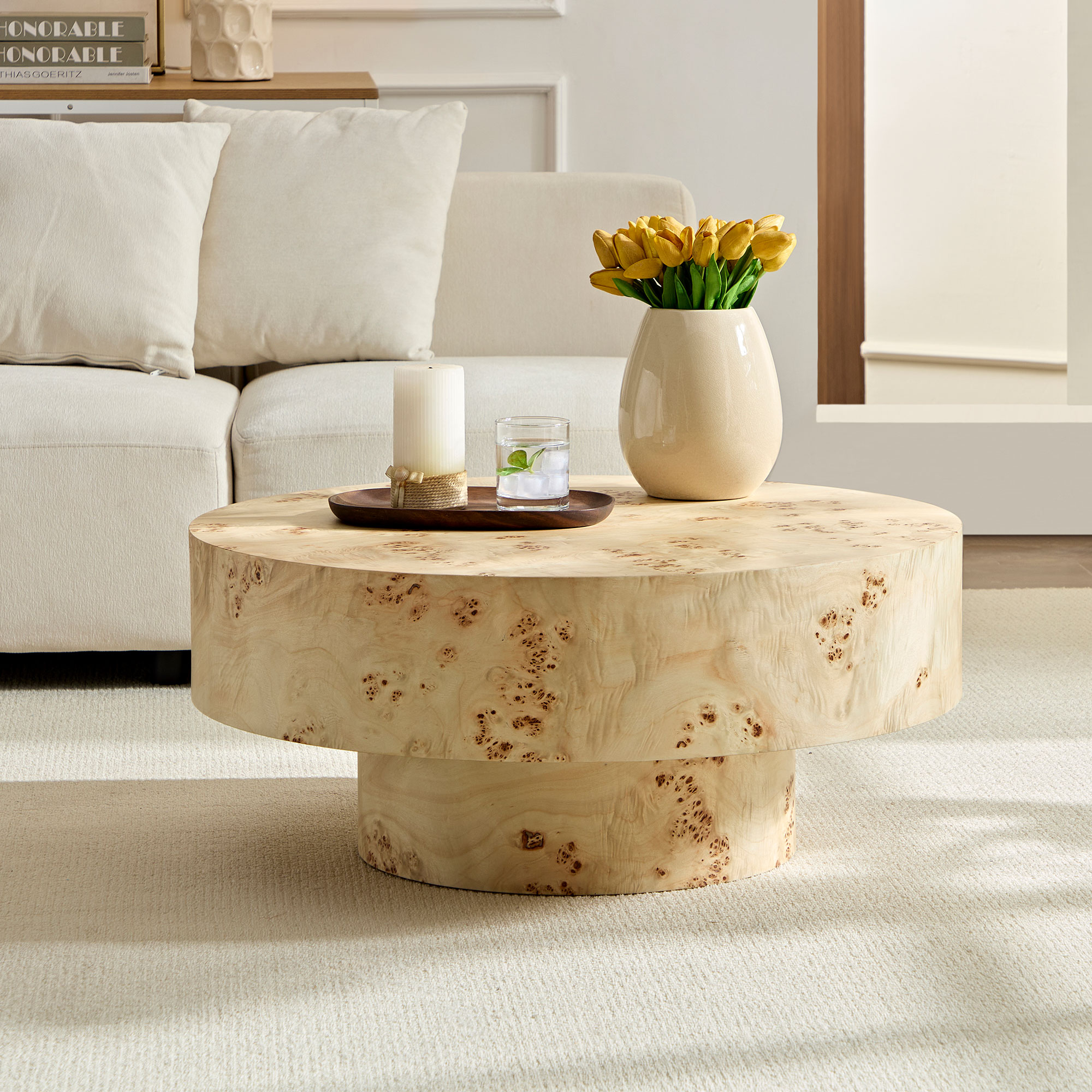 Table basse ronde bois noyer 31.49", piédestal