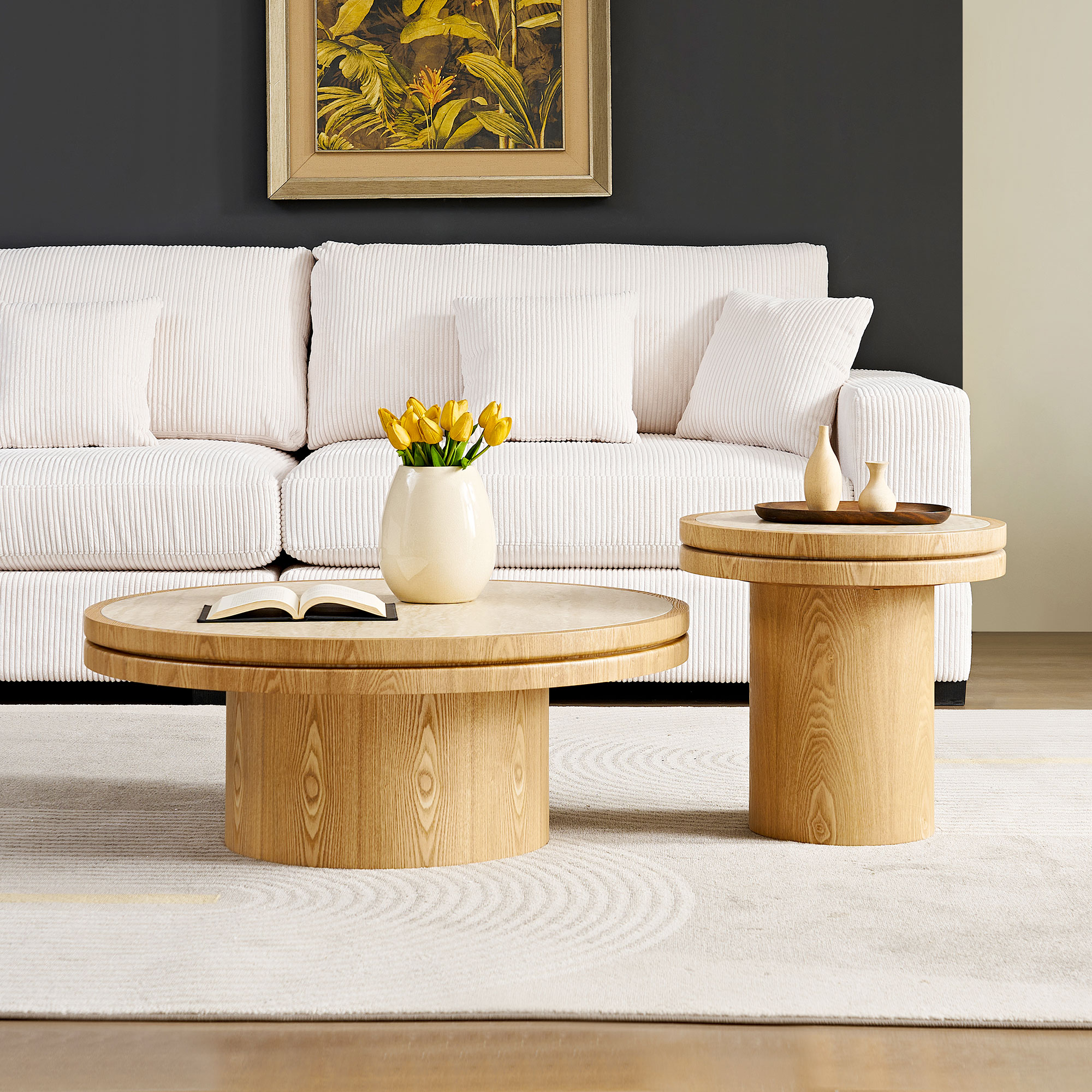 Table à café MDF pierre frittée 35,43" ronde naturel