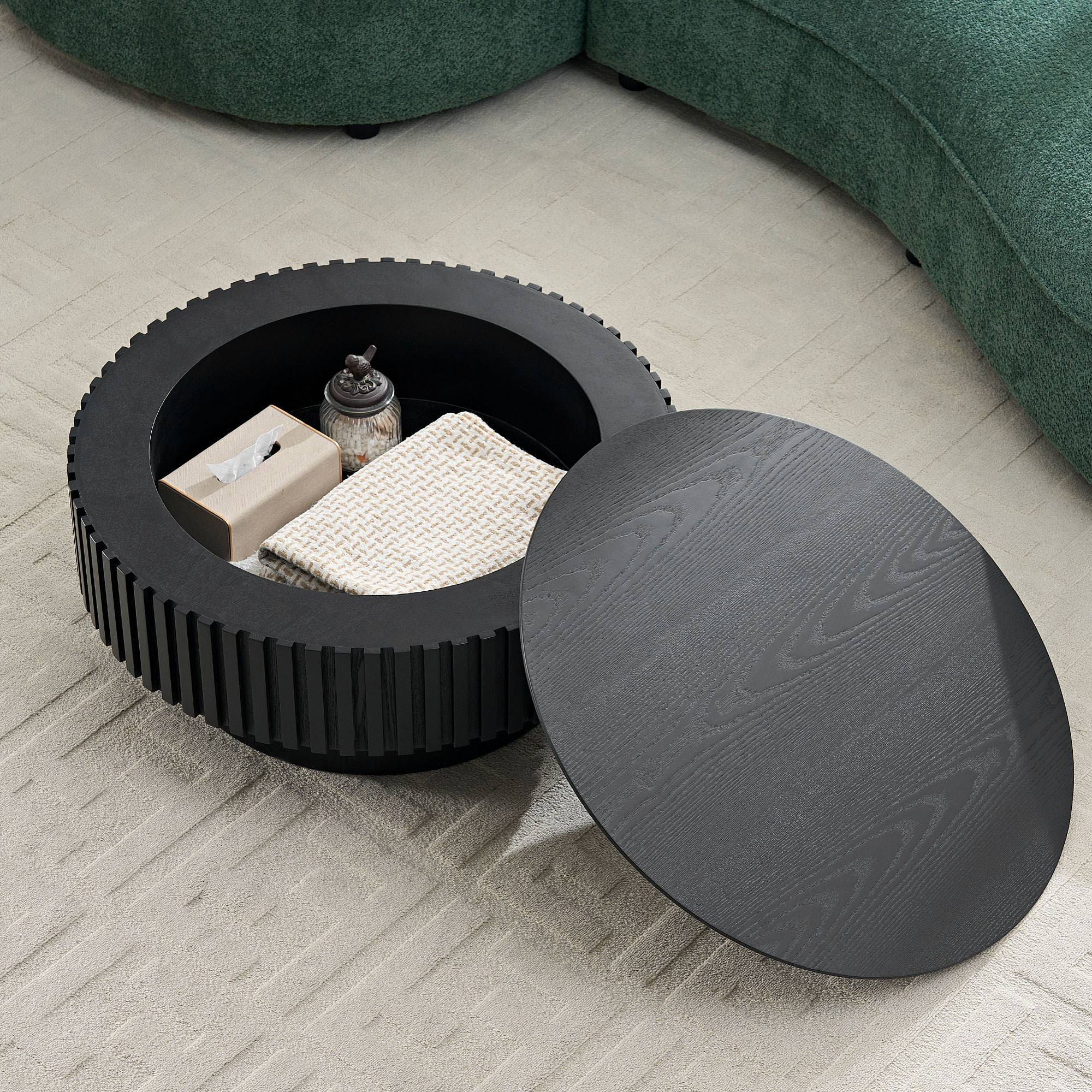 Table basse café nid ronde bois rangement, piédestal, noir