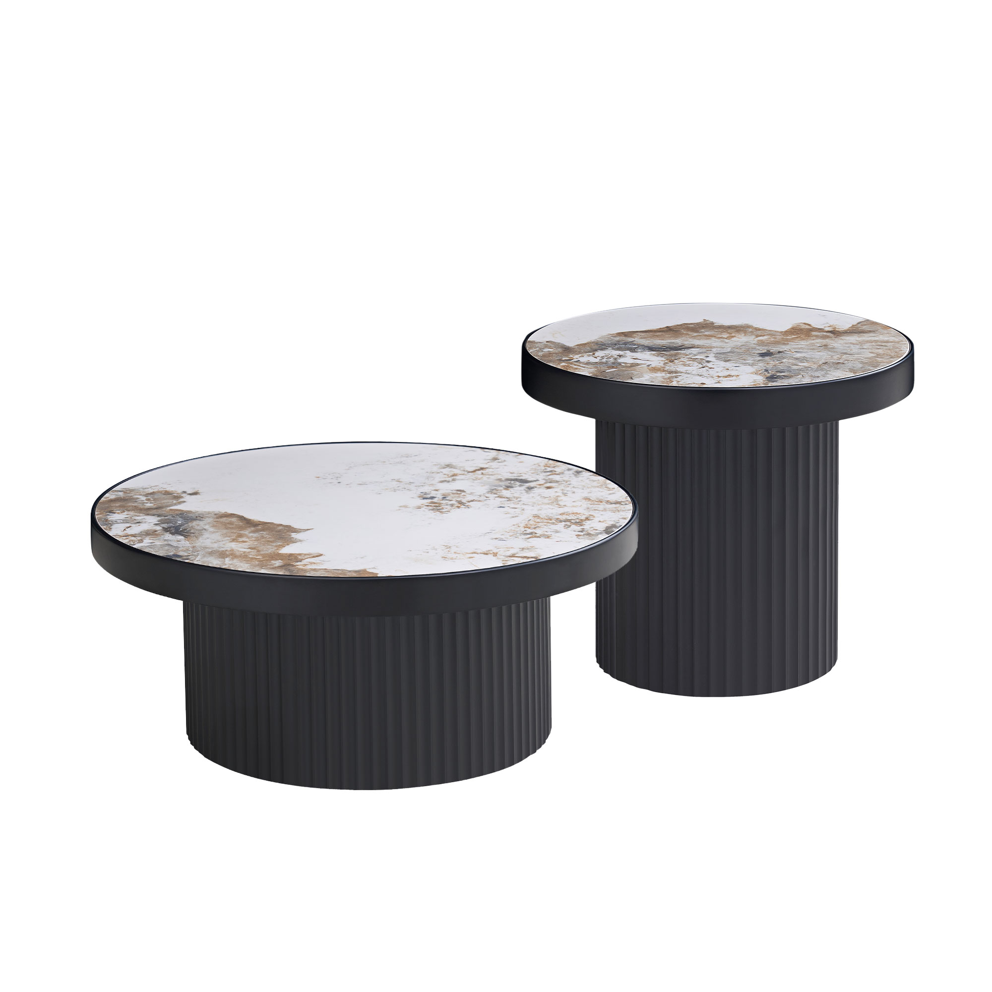2 tables café rondes MDF plateau pierre, noir