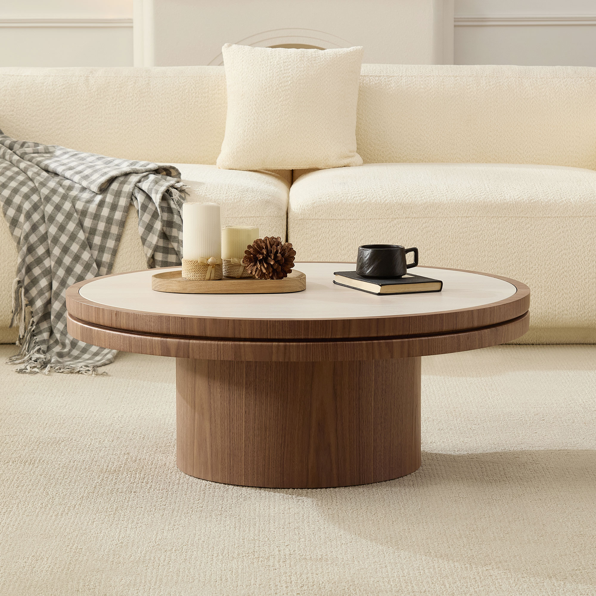 Table café 35,43'' pierre frittée piédestal MDF noyer