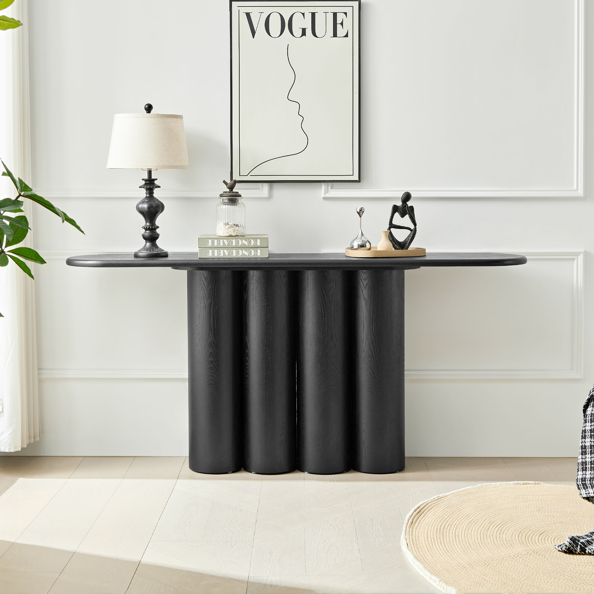 Table console moderne pieds cylindres, entrée hall, noir