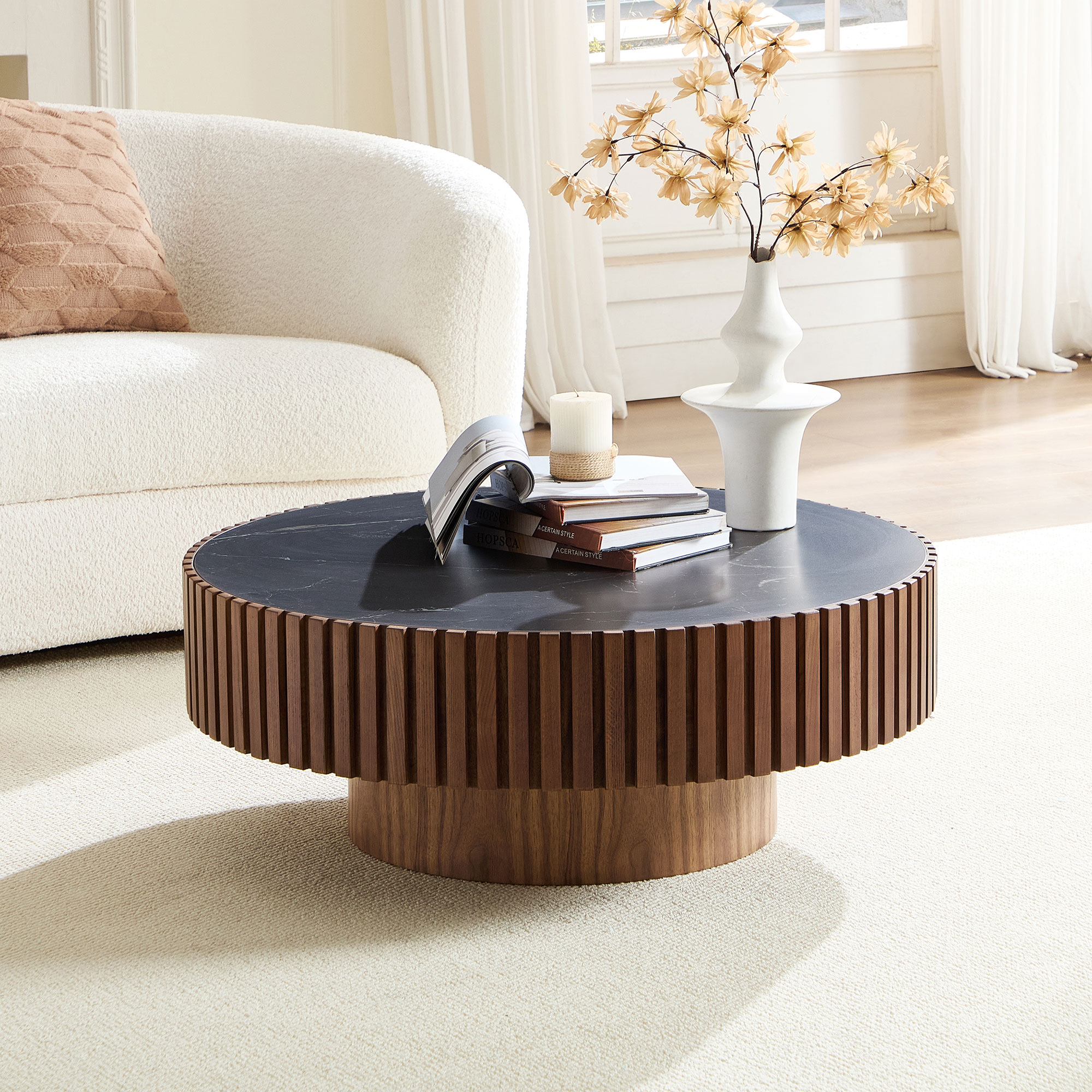 Table café tambour nesting pierre 35,43" noyer