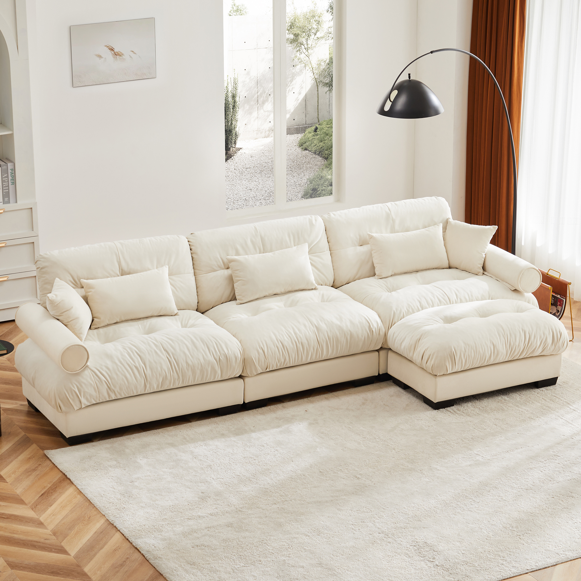 Grand canapé velours modulable, ottoman mobile, crème