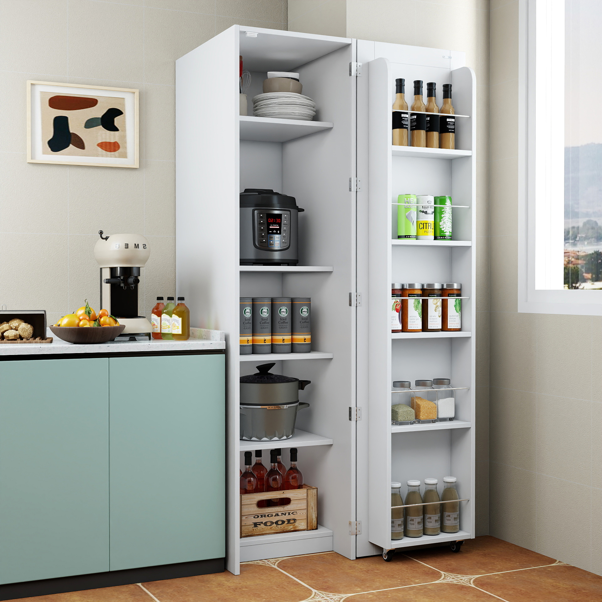 Armoire pantry cuisine blanc buffet meuble rangement portes étagères