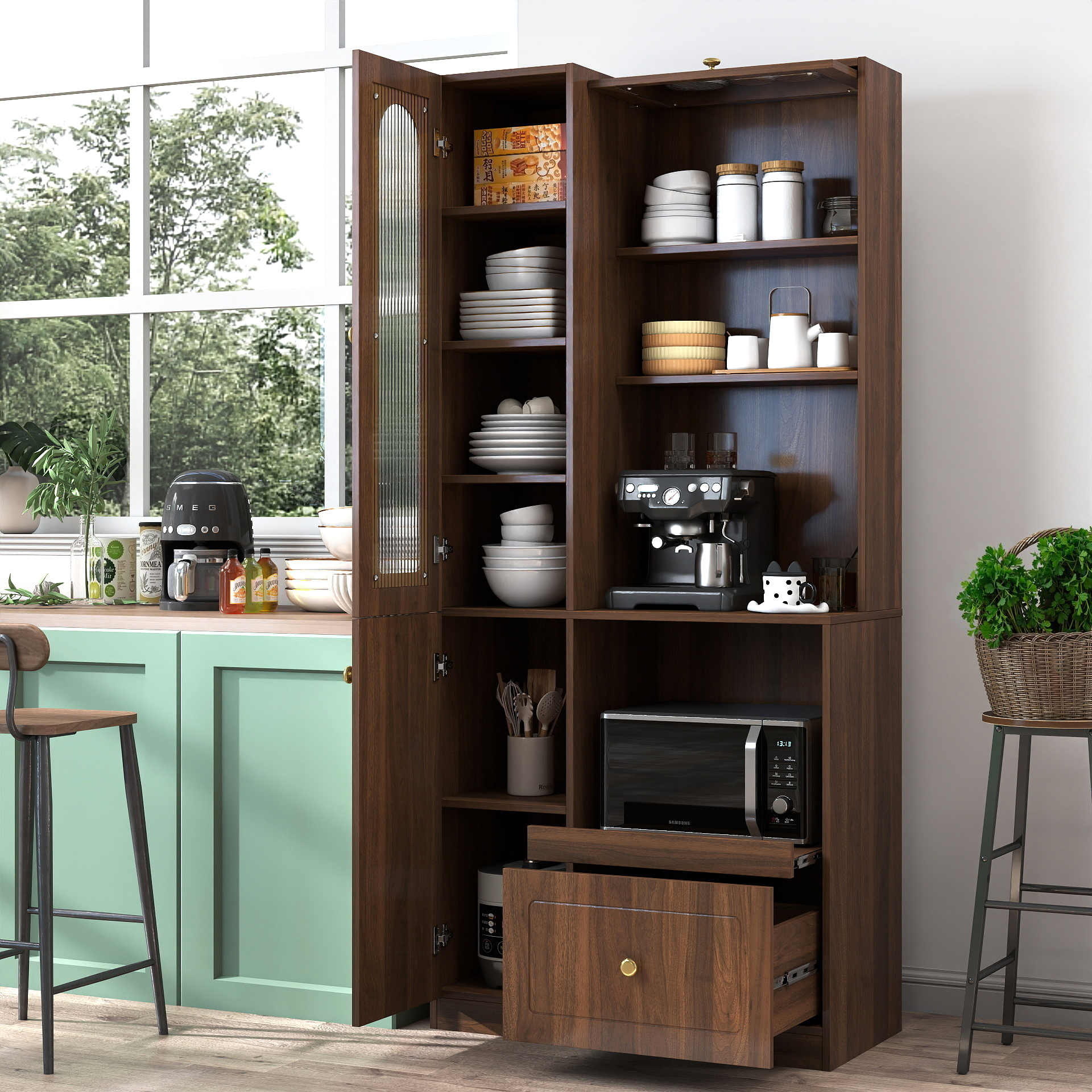 Armoire pantry cuisine portes multiples, étagères, rangement