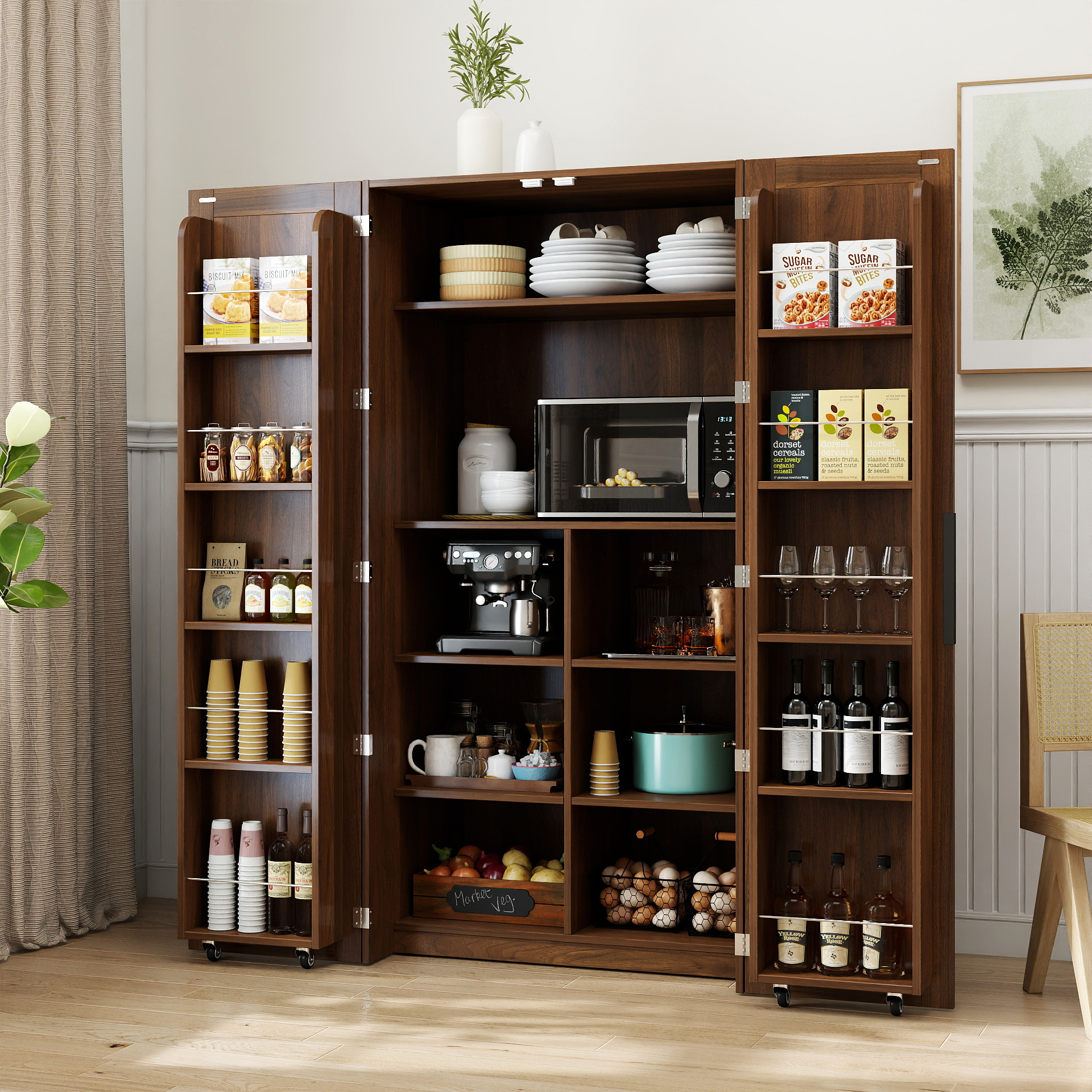 Armoire cuisine noyer, buffet portes étagères, rangement