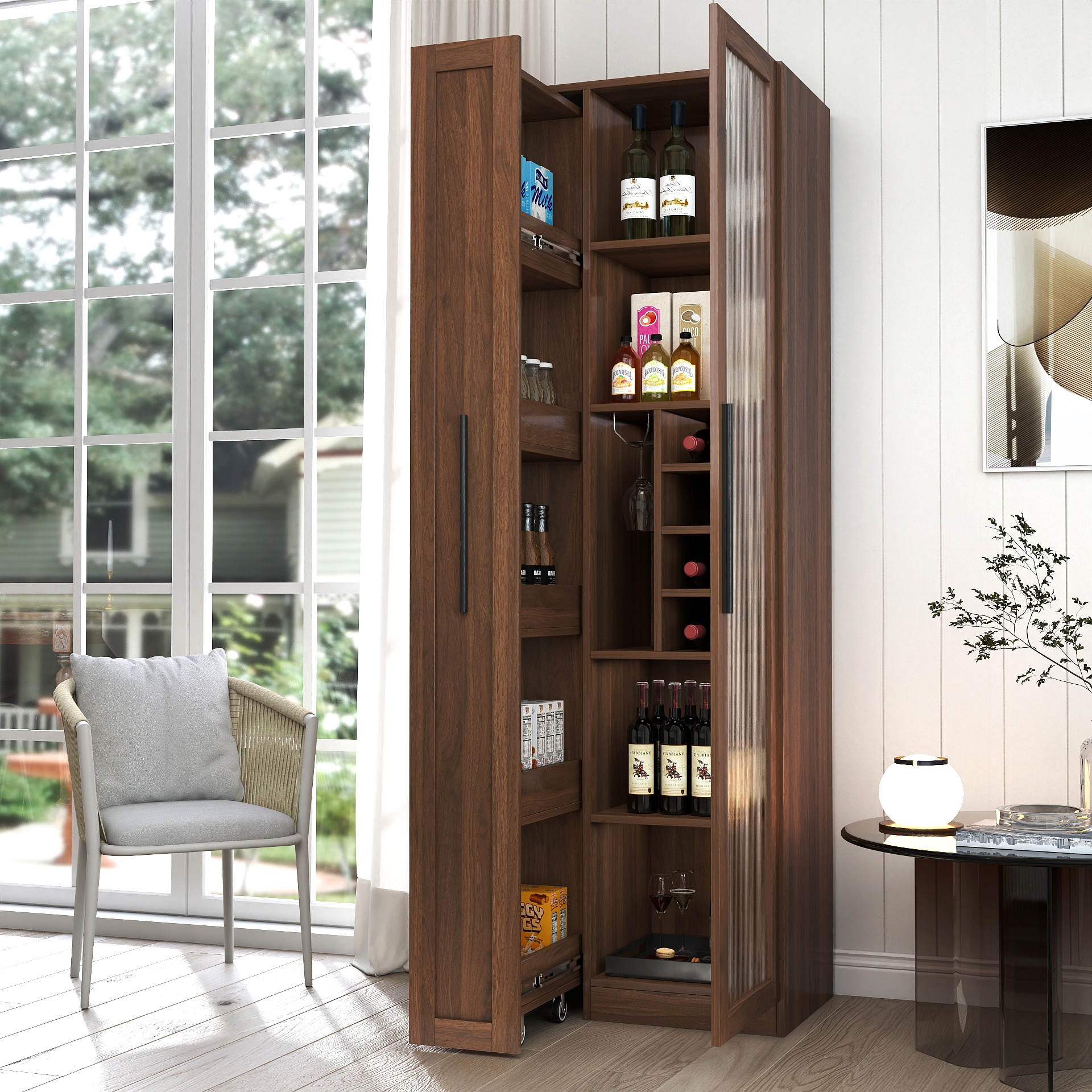 Armoire cuisine portes verre multi-rangement, ferme style campagnard