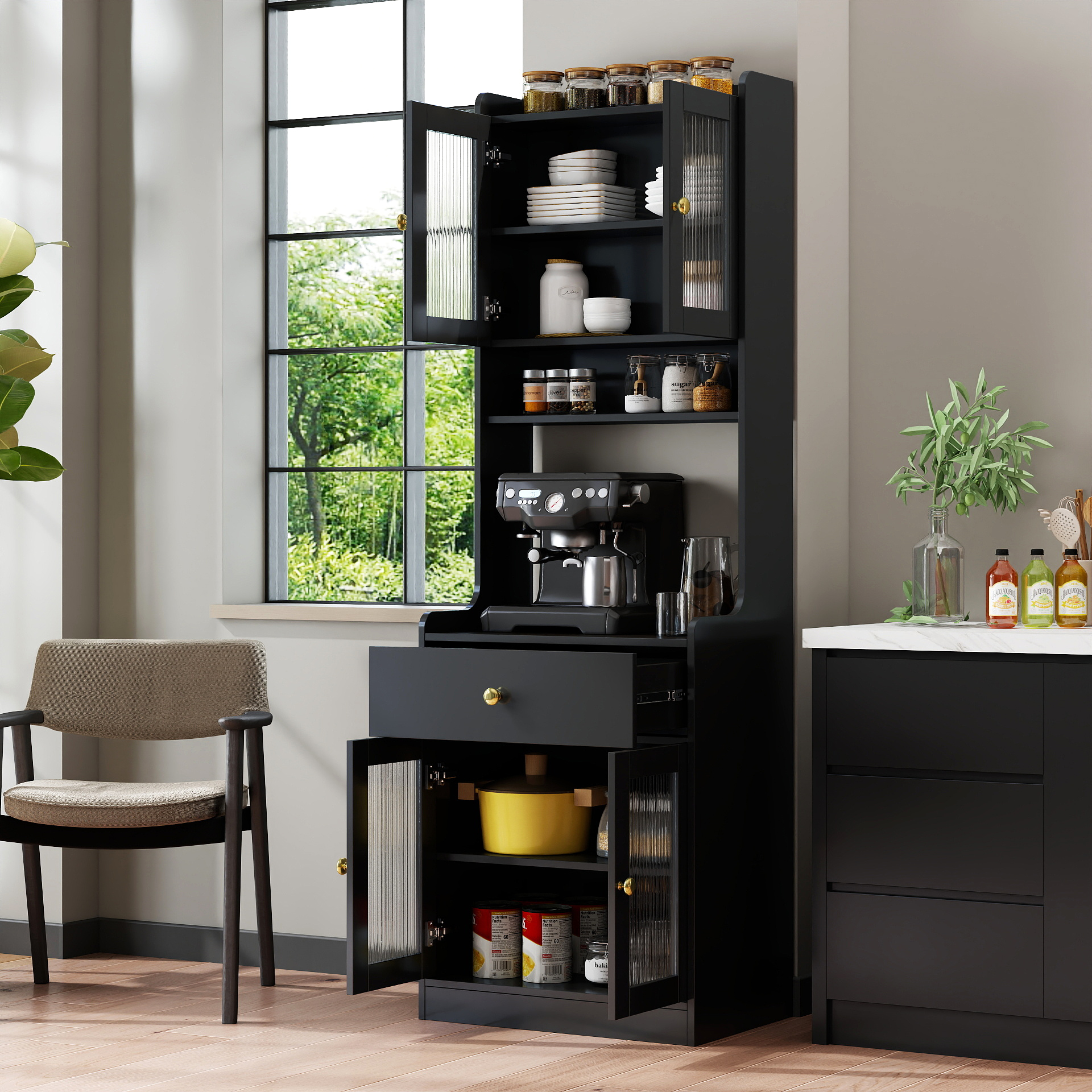 Garde-manger cuisine noir meuble buffet portes grange support micro-ondes