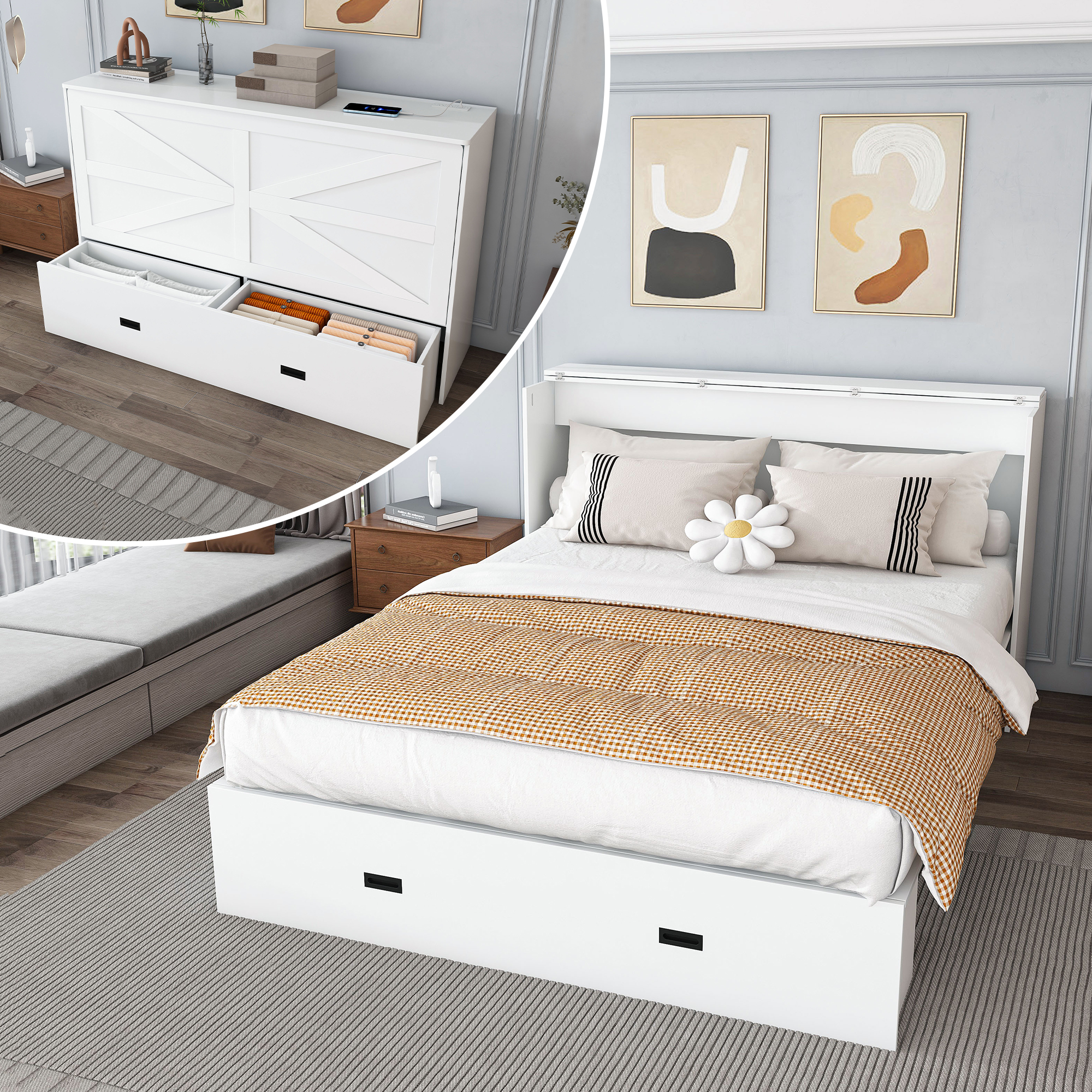 Lit Murphy 57po tiroirs chargement roues silencieuses blanc W509