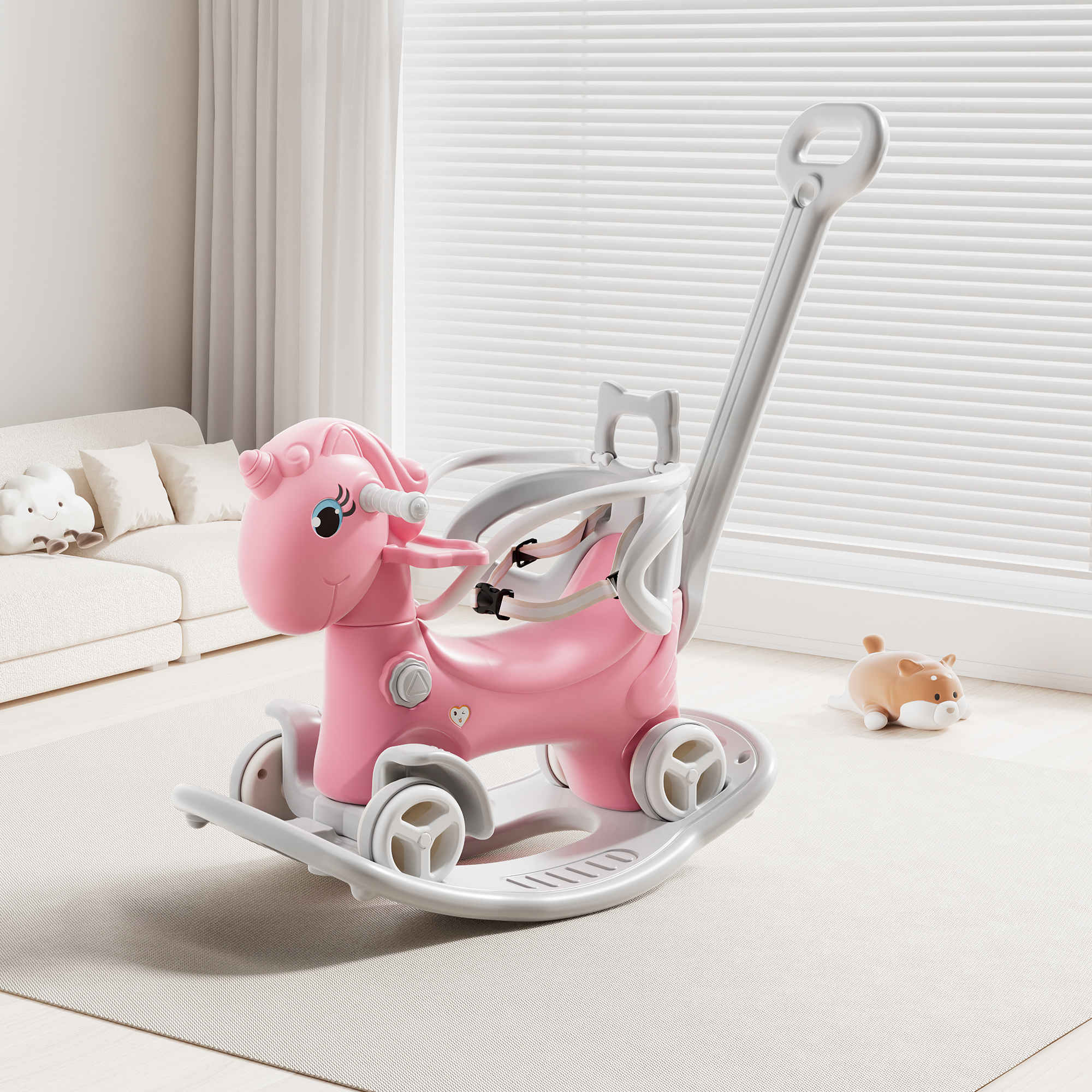 Cheval bascule enfant rose poignée, tableau équilibre