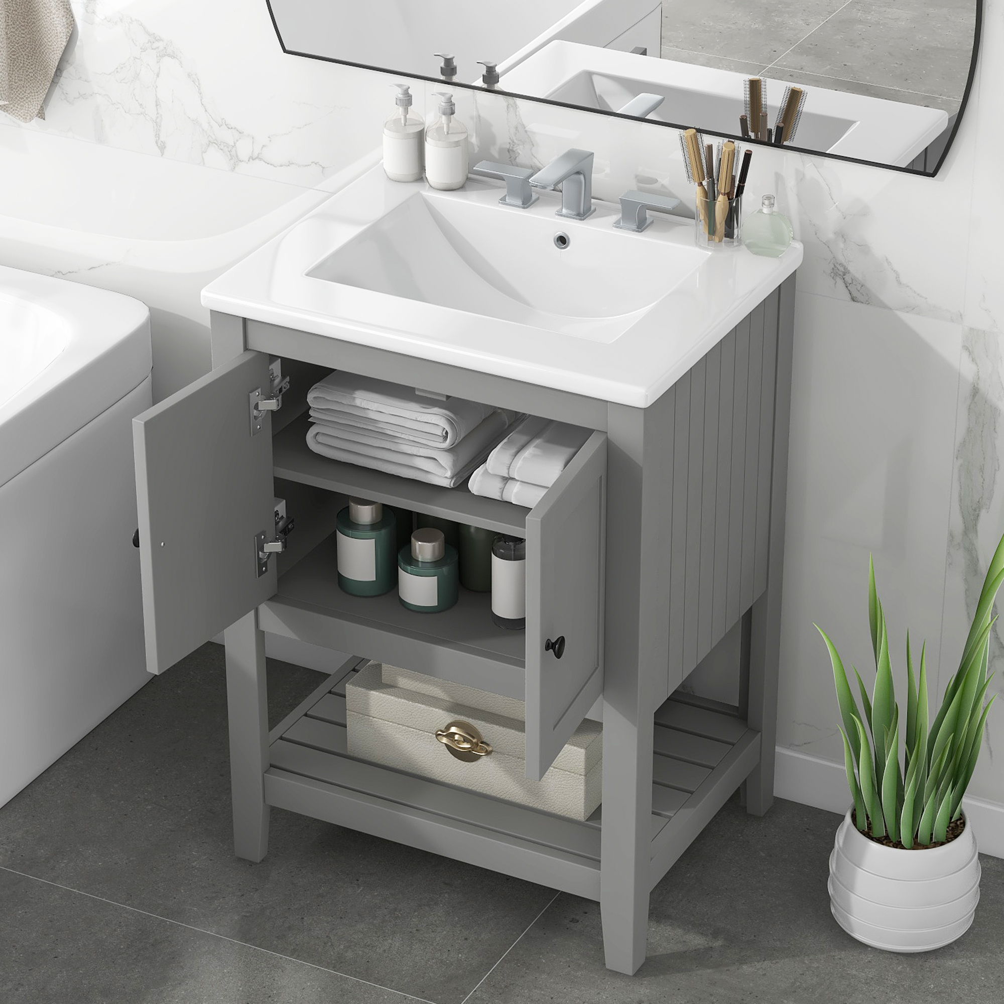 Vanité salle bain 24" gris bois cadre céramique ouvert
