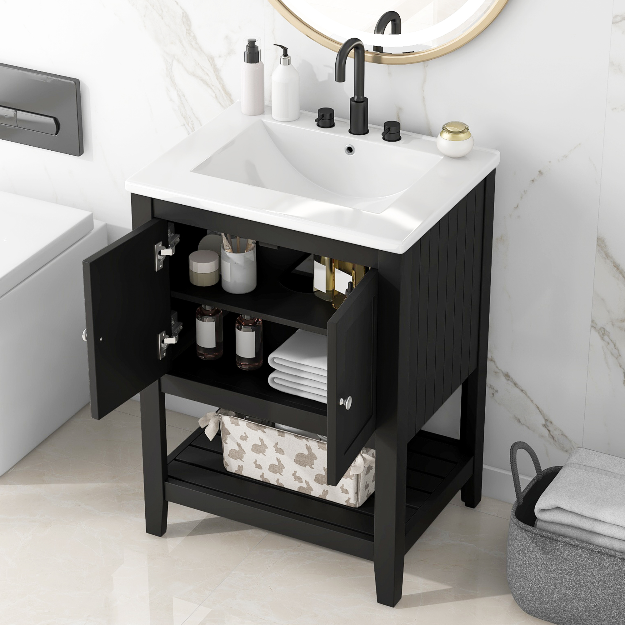 Vanité 24 po noire moderne tablette bois ouverte
