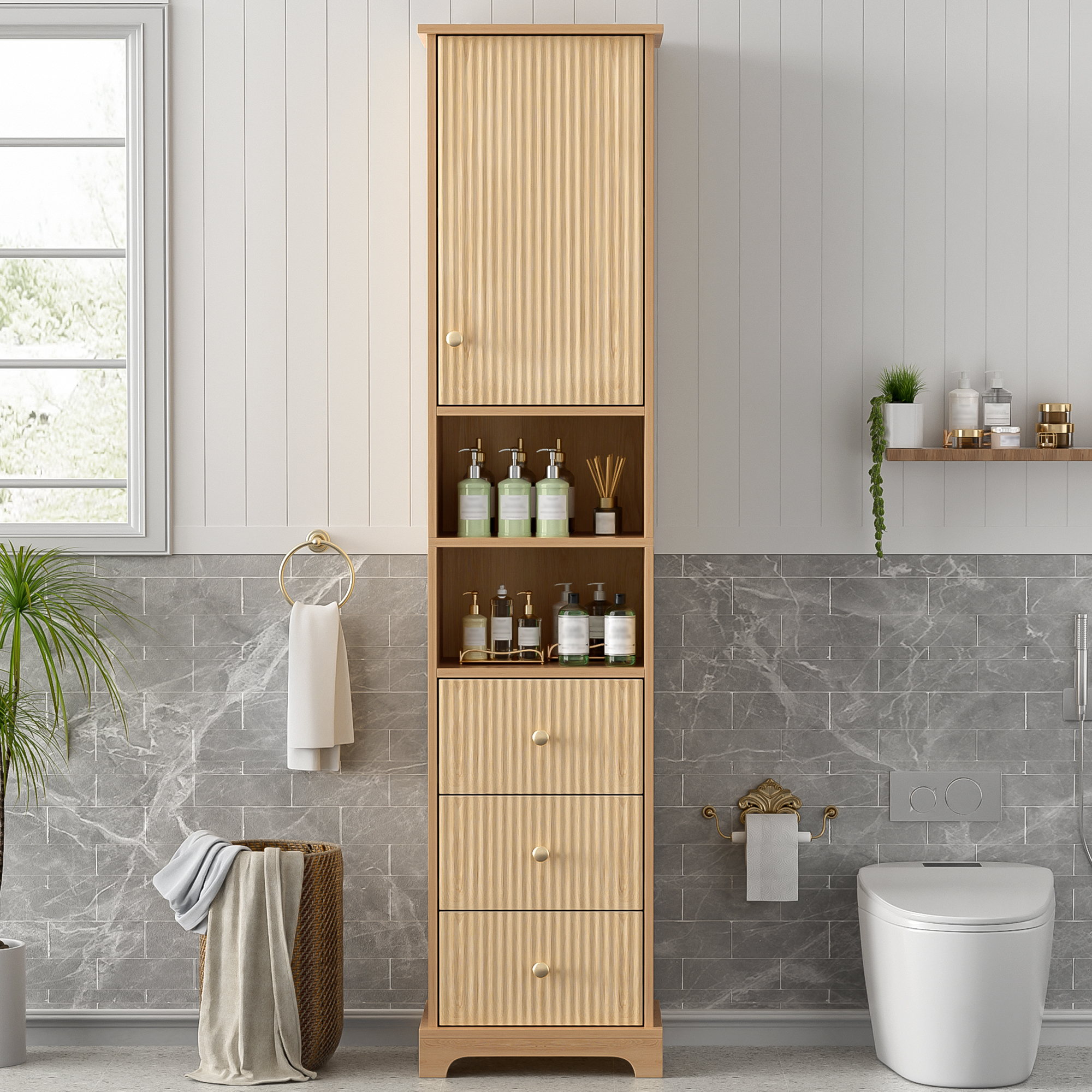 Cabinet salle bain 67,7 po, 1 porte, 3 tiroirs, poignées or