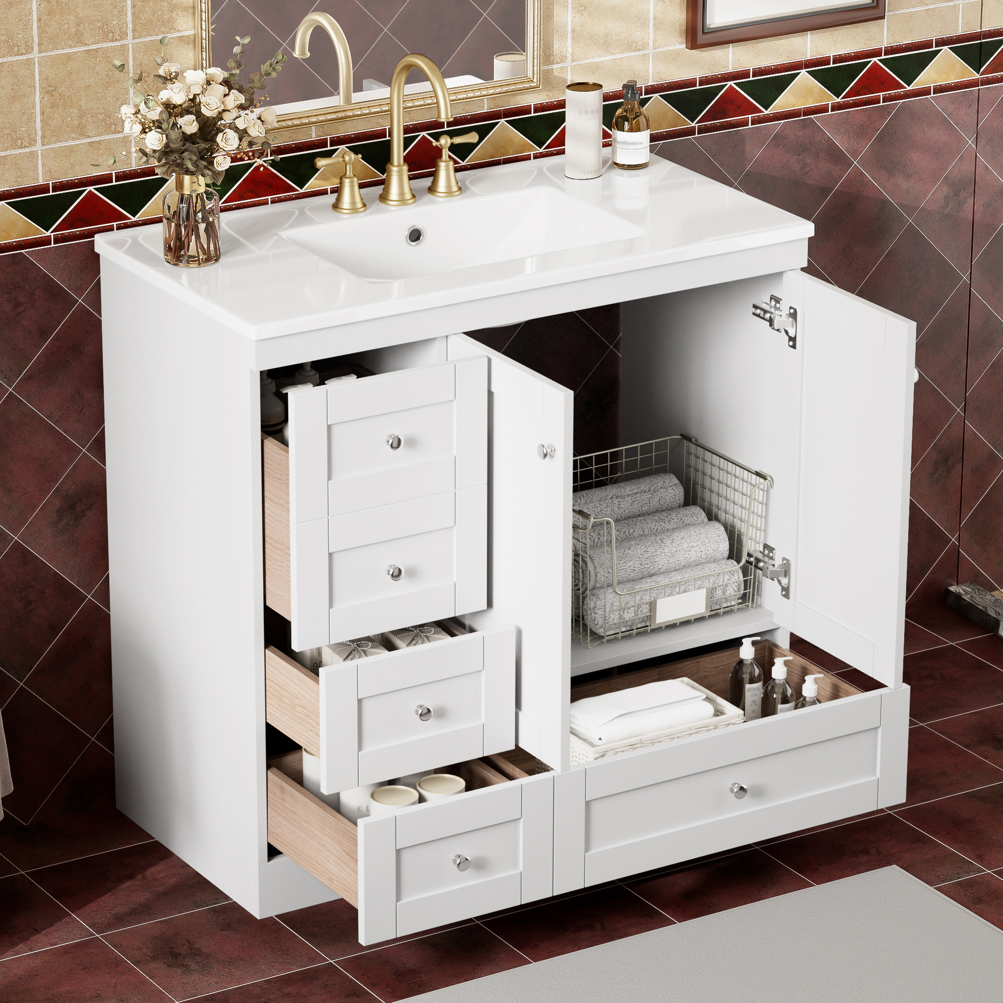 Vanité 36 po Shaker, céramique, 4 tiroirs, portes douces