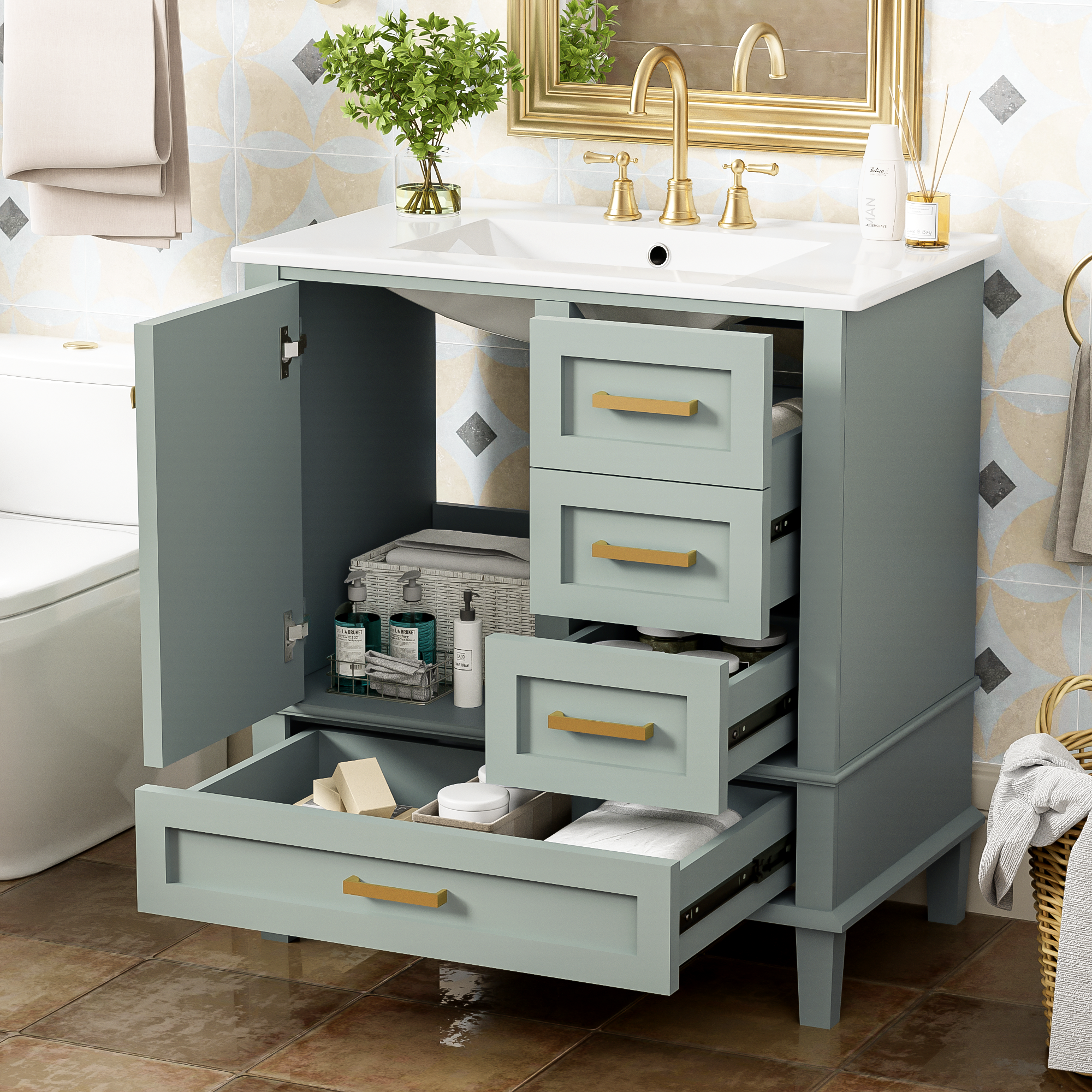 Vanité salle bain 30po meuble bois 3 tiroirs vert
