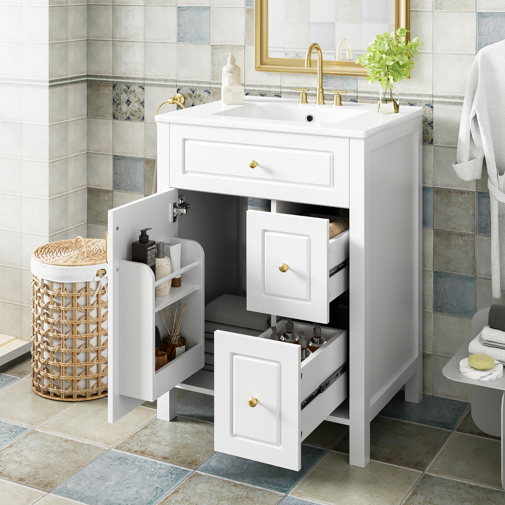Vanité salle bain 24po céramique 1 porte 2 tiroirs fermeture douce