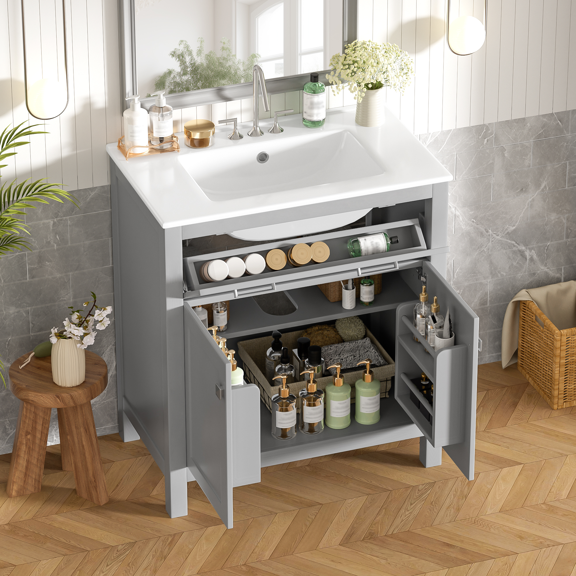 Vanité 30 po gris moderne, 2 portes, céramique, fermeture