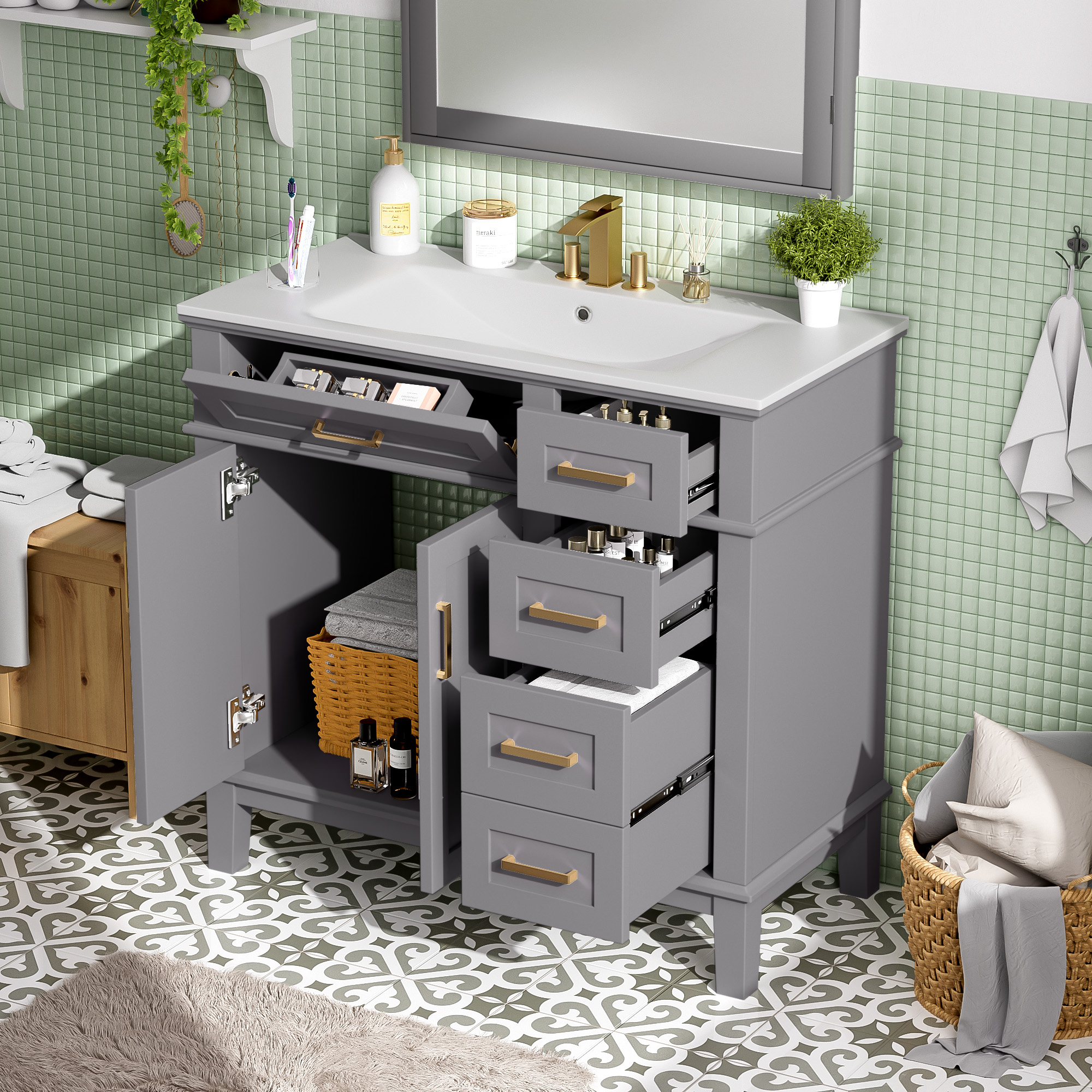 Vanité 36 po grise lavabo céramique, 4 tiroirs