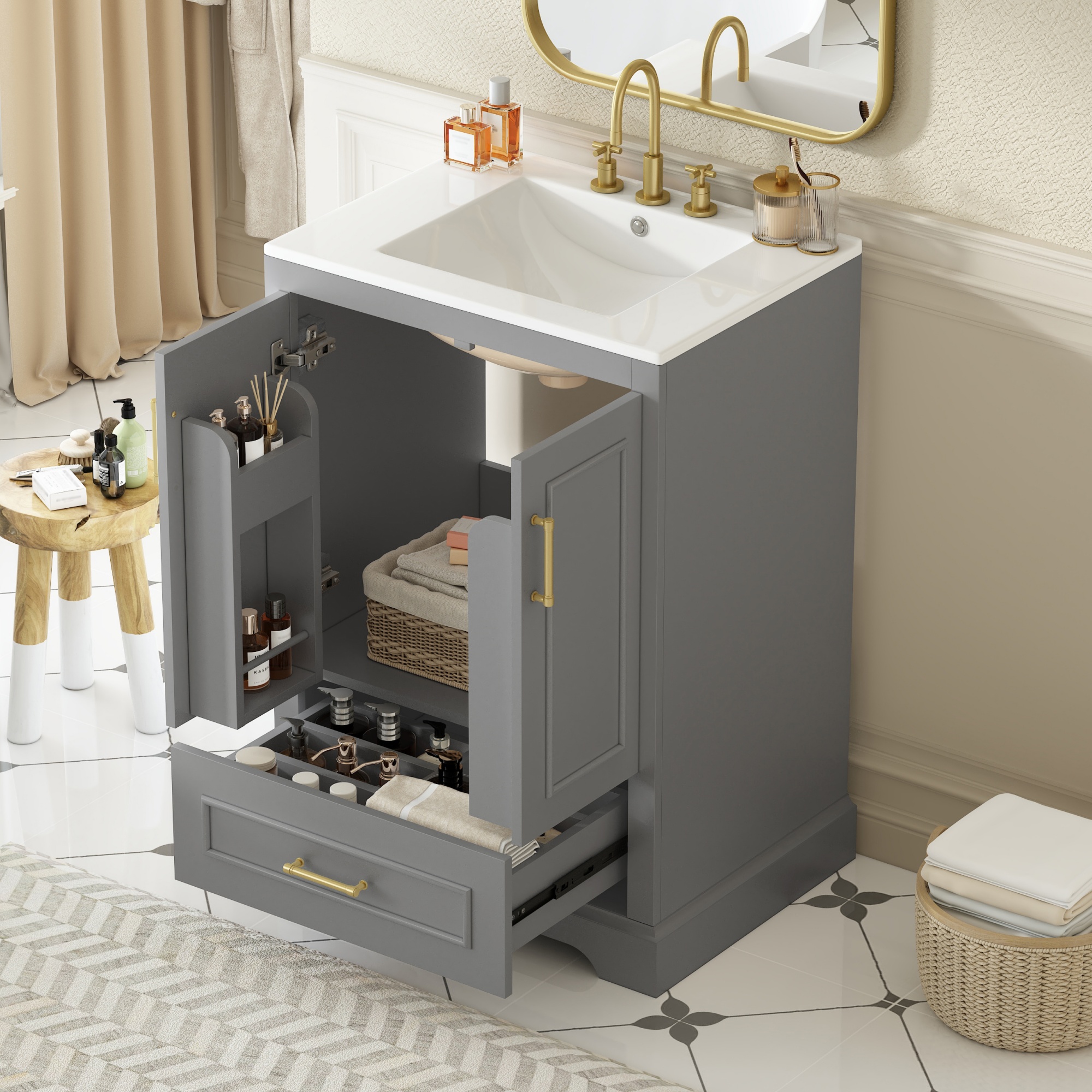 Vanité salle bain 24", lavabo, MDF, bois, 2 portes