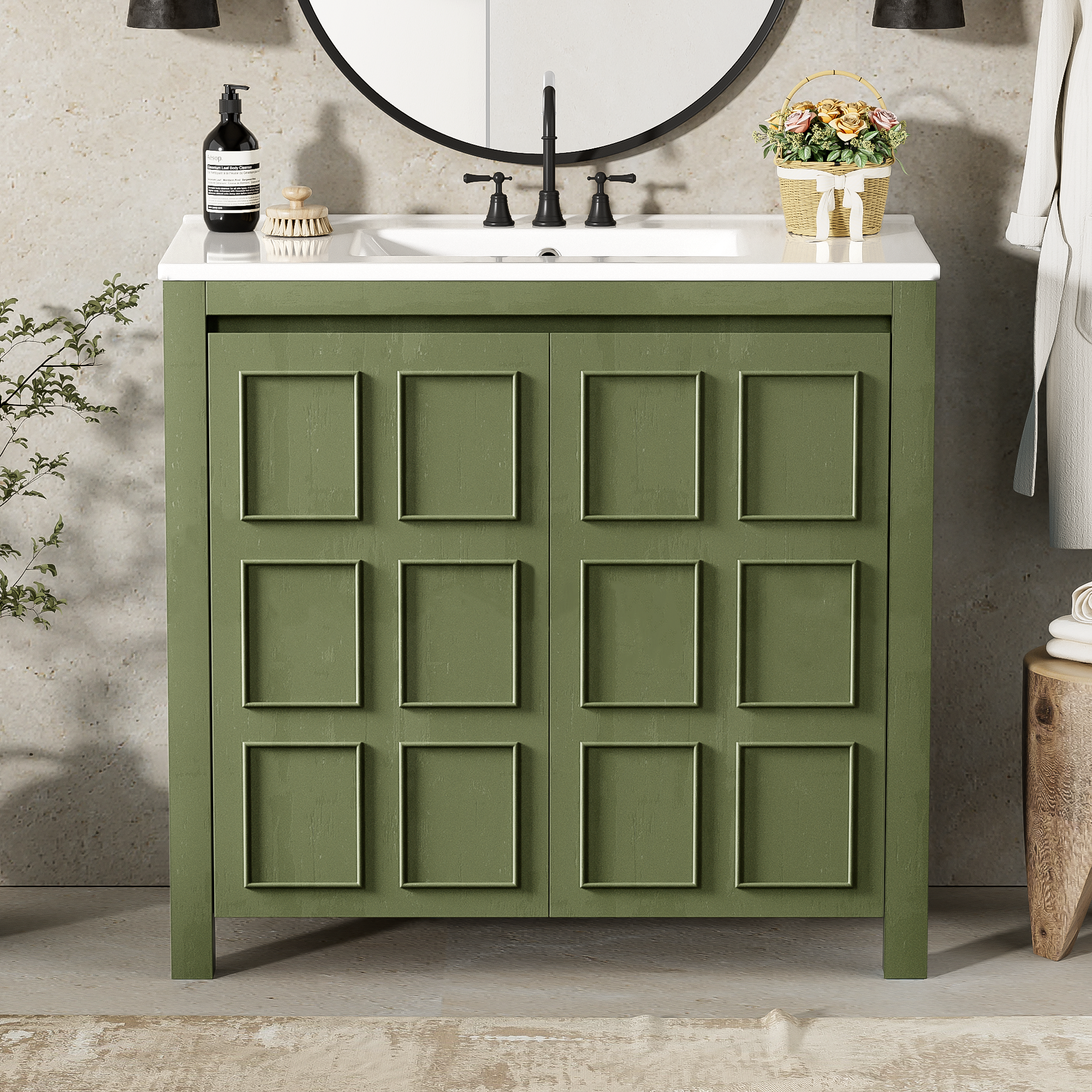 Meuble-lavabo 36" organisateur, évier céramique, vert olive