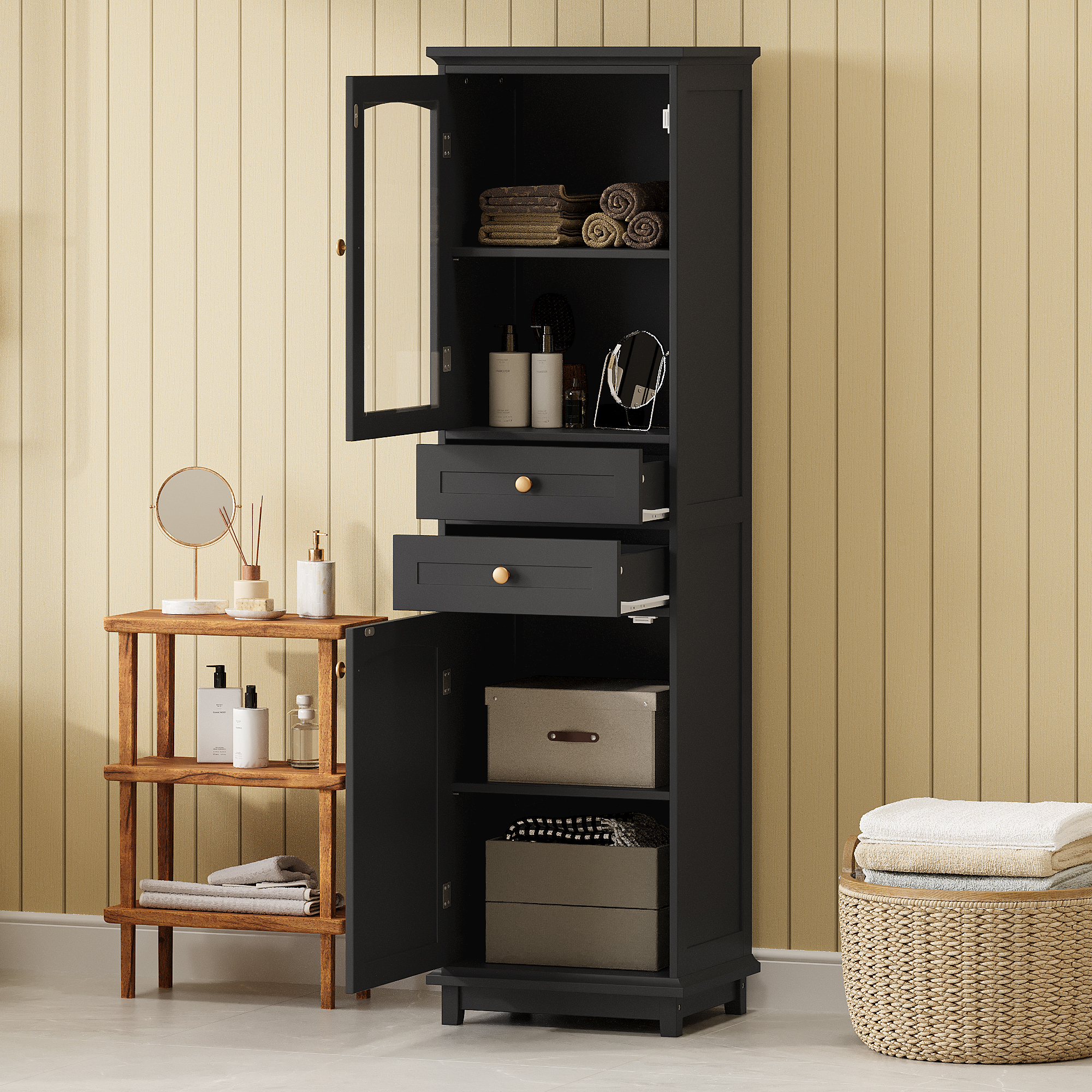 Meuble rangement salle bain 63po portes verre 2 tiroirs noir
