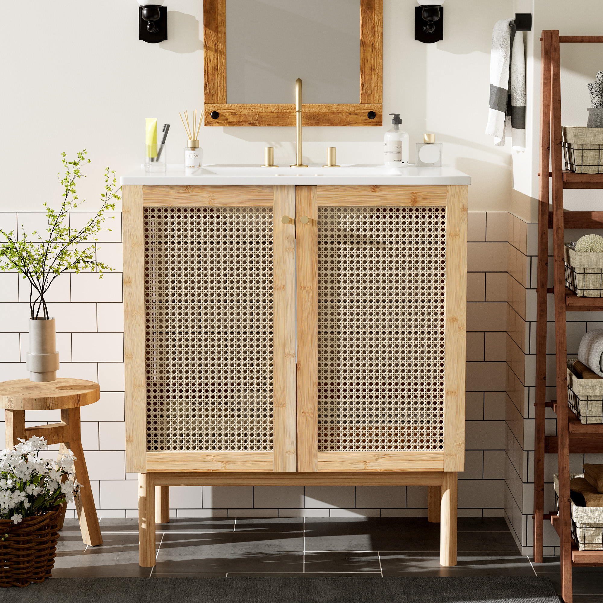 Meuble Vanité 30po Matériaux Naturels Portes Rotin