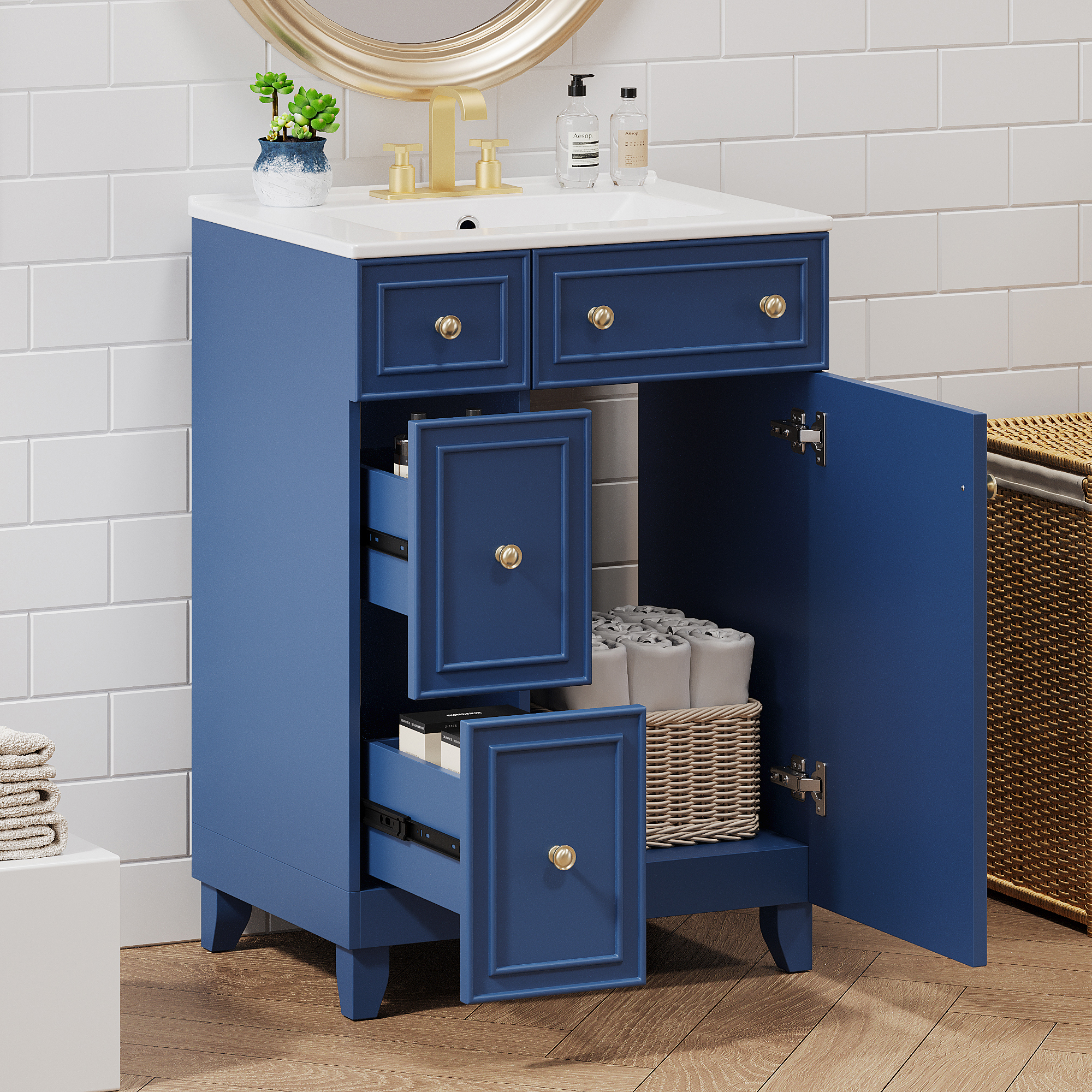 Vanité salle de bain 24 po, lavabo céramique, 2 tiroirs