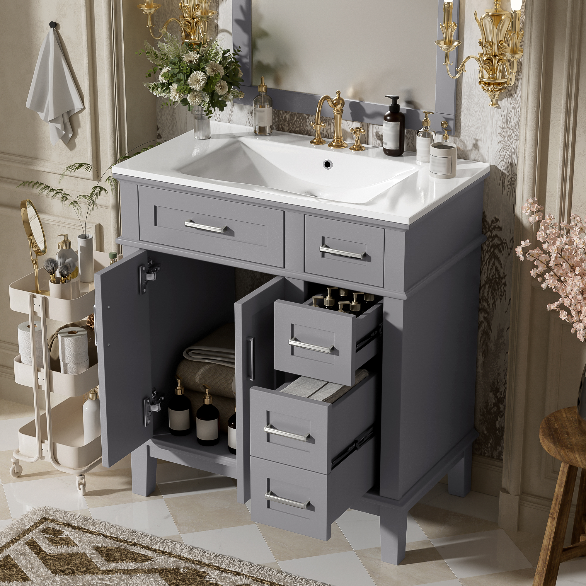 Vanité salle bain 30", céramique, rangement moderne